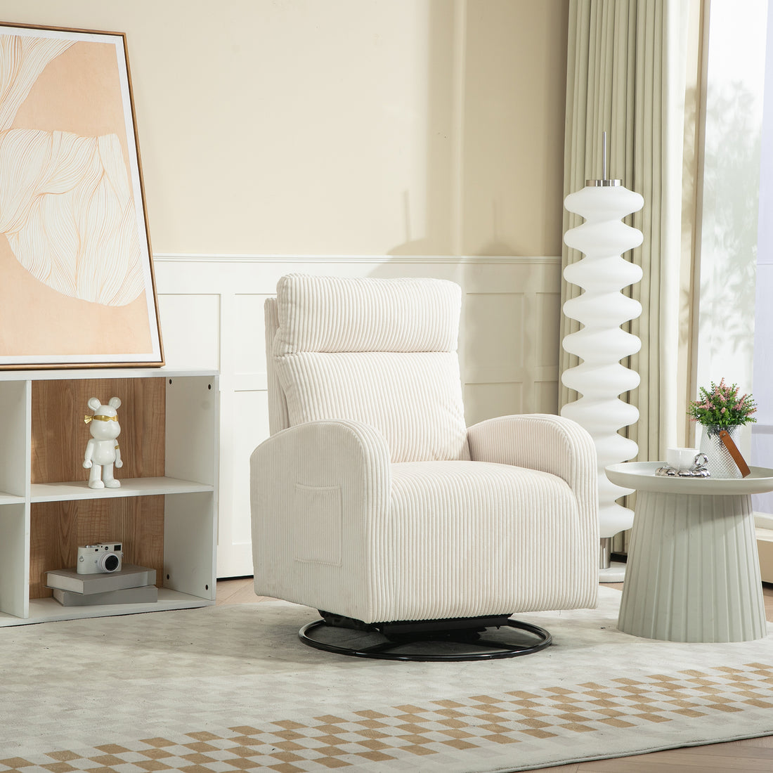 Jiada Upholstered Swivel Glider.Flannel Fabric.Rocking Chair For Nursery In Beige.Modern Style One Left Bag Beige Primary Living Space Foam Fabric Metal