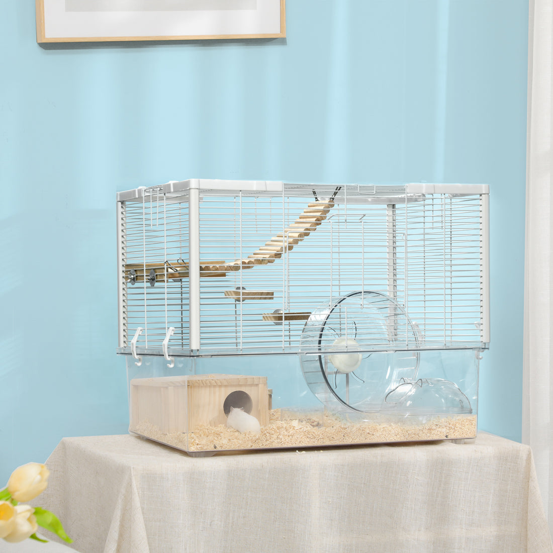 Pawhut Hamster Cage, Transparent Gerbil Cage For Hamsters And Gerbils With Deep Bottom, Wooden Ramp, Hut, Bathroom And Exercise Wheel, 23.25" X 14" X 18.5", White White Steel