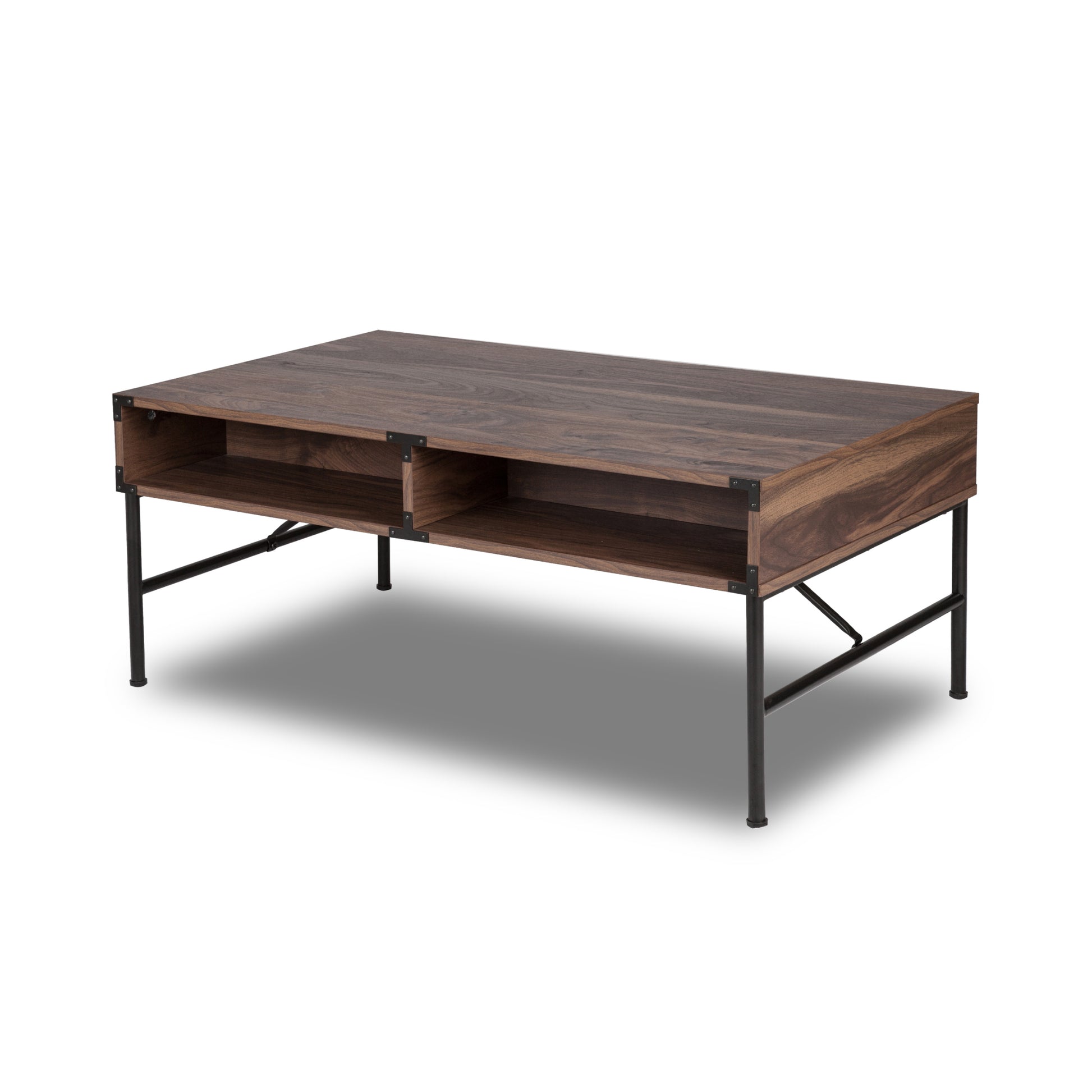 Coffee Table "Chic Walnut Coffee Table With Drawers And Sleek Metal Frame For Modern Living Spaces" Walnut Solid Wood