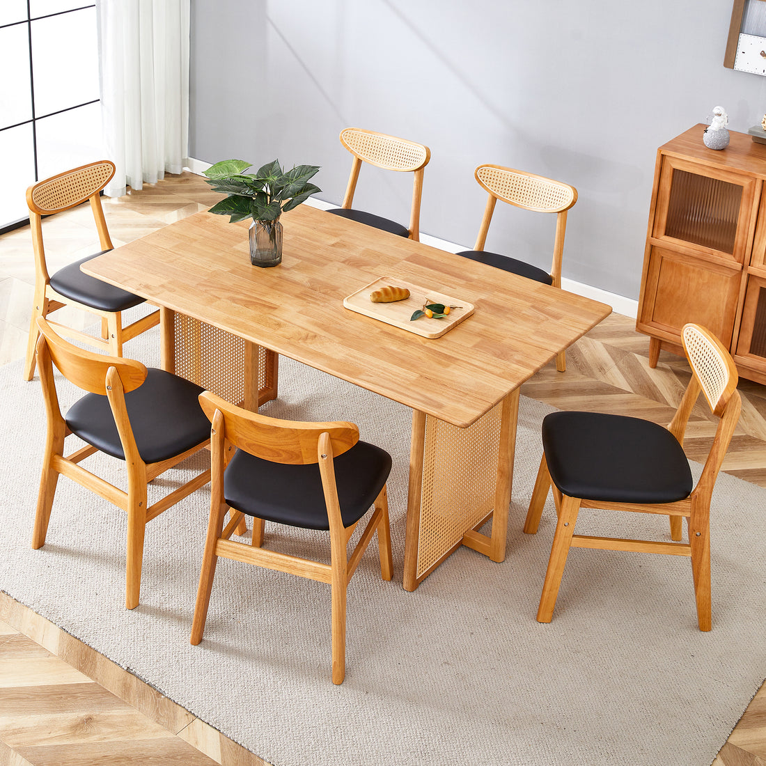 Table And Chair Set, Ancient Style Solid Wood Dining Table, Imitation Rattan Table Legs, Beautiful Simple Solid Wood Dining Chair, Perfect For Dinner, Meetings, Home And Office Decoration Wood Rubber Wood