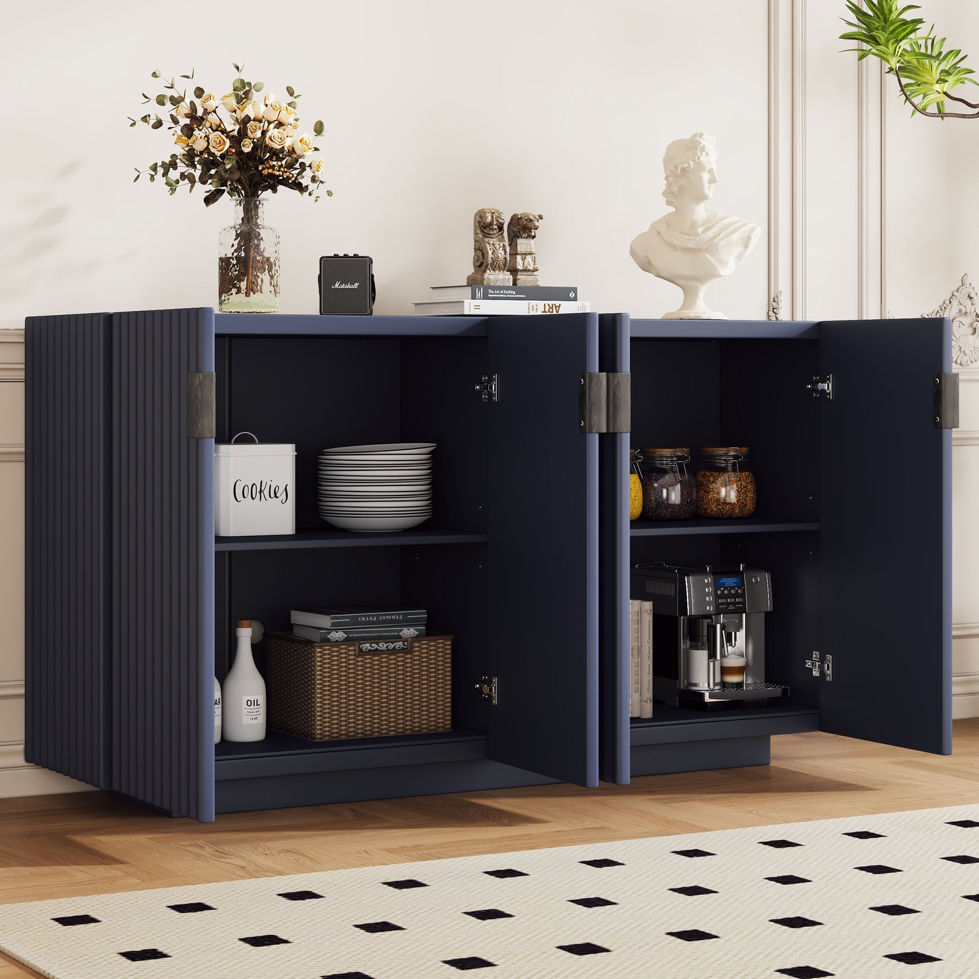 4 Wavy Doors Large Storage Space Sideboard With Adjustable Shelves And Retro Copper Handles For Dining Room And Living Room Antique Navy Antique Navy Mdf