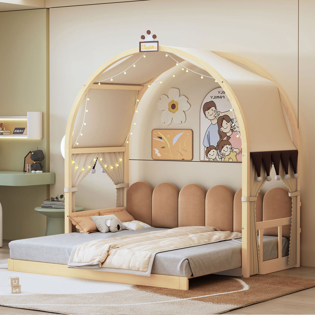 Twin Size Extended Bed With Arched Roof And Trundle, Natural Twin Natural Plywood