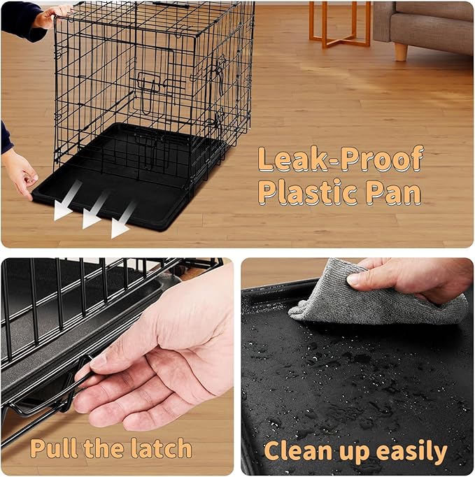 Folding Metal Wire Dog Crate, 30 Inch Durable, Foldable, Collapsible Double Door Dog Crate With Removable Leak Proof Pan, Portable Dogs Crate With Divider, Black Black Iron