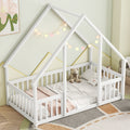 Twin Wood House Shaped Floor Bed With Fence, Guardrails ,White Twin White American Design Pine