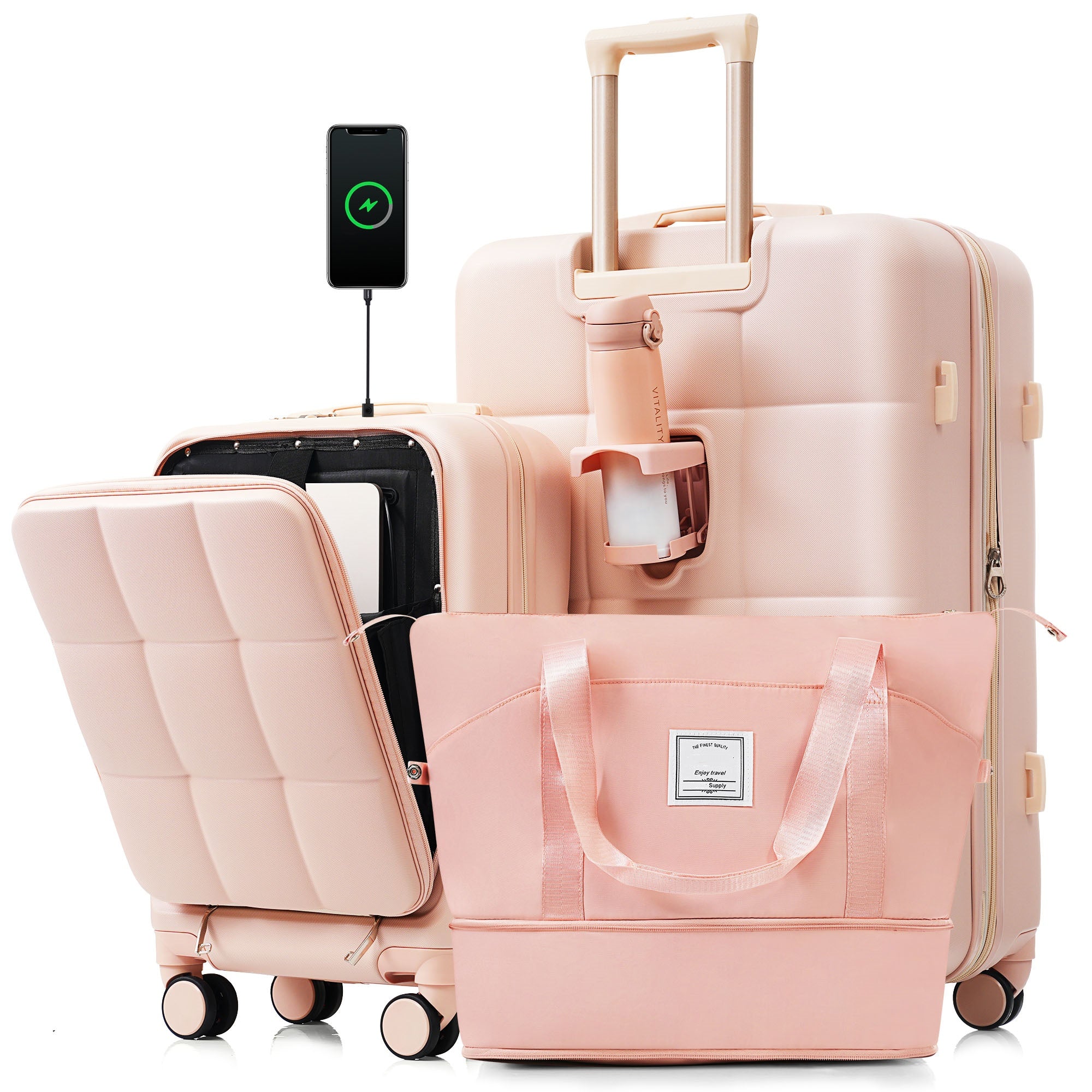 3 Piece Luggage Set With 20" Front Opening Carry On, 28" Expandable Suitcase, And Expandable Travel Bag, Pink Pink Abs