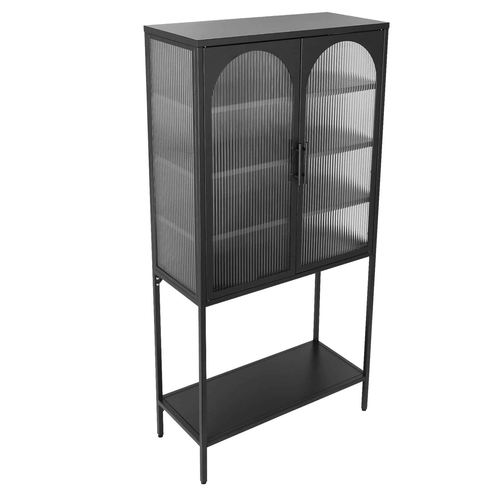 Elegant Floor Cabinet With 2 Glass Arched Doors Living Room Display Cabinet With Adjustable Shelves Anti Tip Dust Free Easy Assembly Black Black Tempered Glass Sheet Metal Plastic