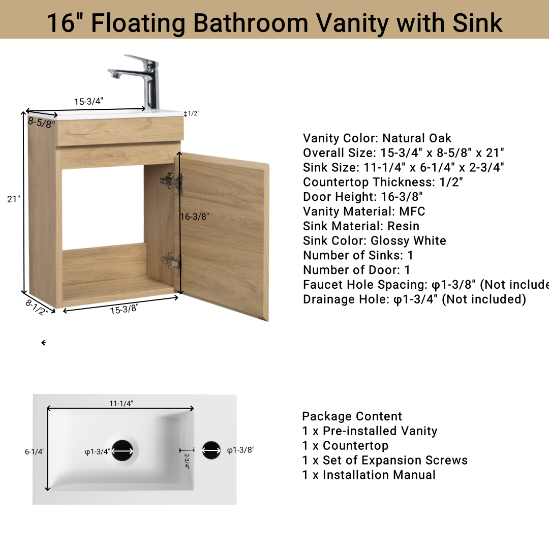 16" Floating Bathroom Vanity With Sink, Wall Mounted Small Bathroom Storage Vanity Cabinet With Resin Top Basin And Soft Close Doors, Natural Oak 24V11 16No Oak Wood