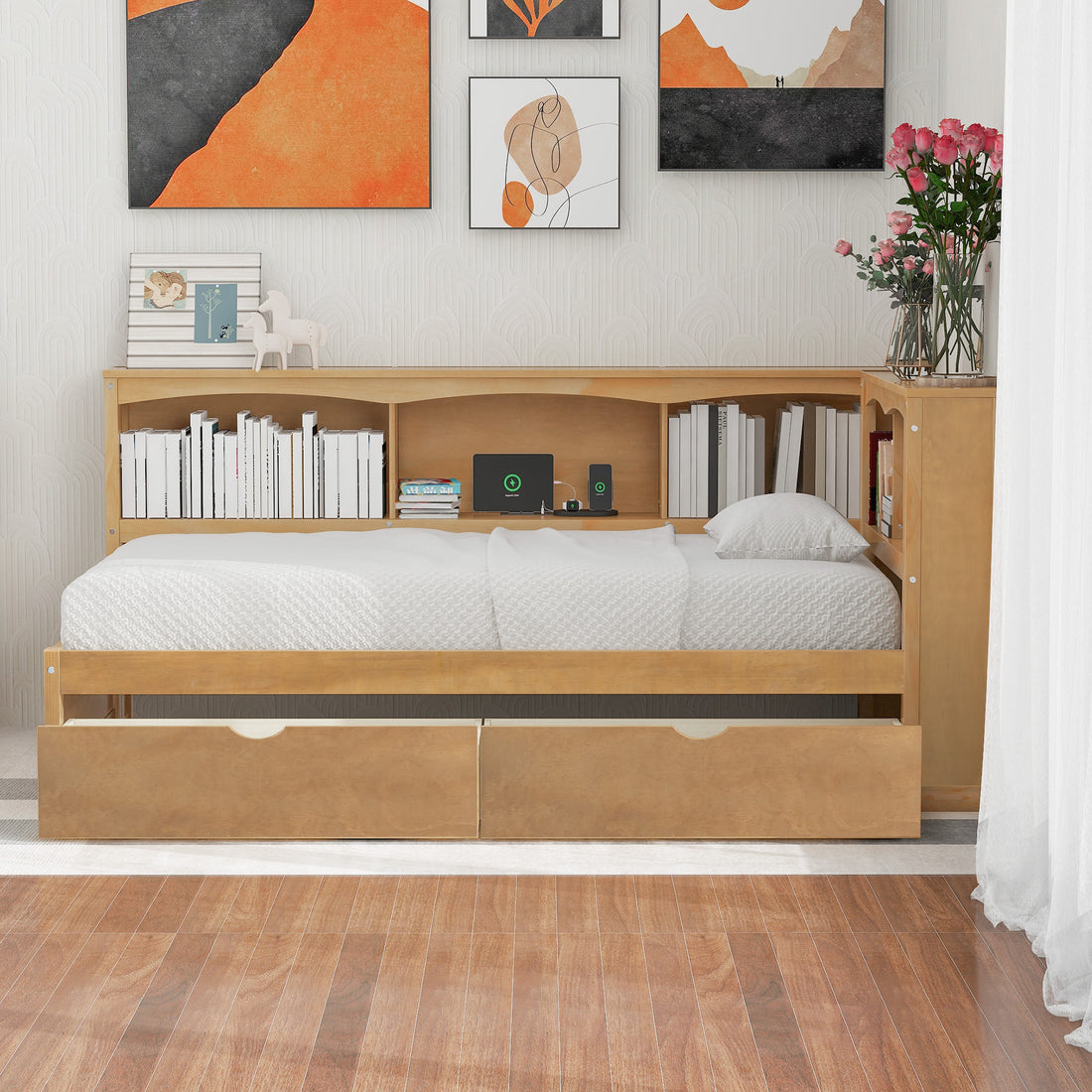 Twin Size Daybed With Two Storage Drawers, Storage Cabinets And Usb Ports, Wood Color Twin Wood Solid Wood Mdf