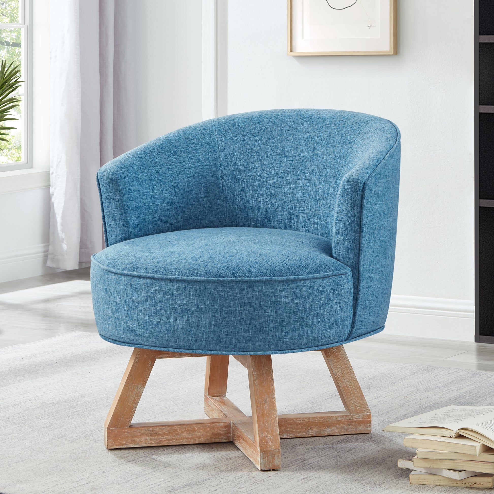 Swivel Chair With Cross Shaped Wooden Base,Lounge Chair With Solid Wood Legs, 360 Freely Swivel Chairclassic Linen Fabric For Living Room, Bedroom, Office, Dresser Light Blue Light Blue Primary Living Space American Design,Artsy,Classic,Modern Rubberwood