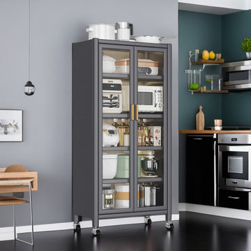 Open Door Kitchen Shelving Floor To Ceiling Multilevel Household Microwave Storage Cabinet Bowls Side Cabinets Cabinets Storage Cabinets Grey Color Grey Kitchen American Design Metal