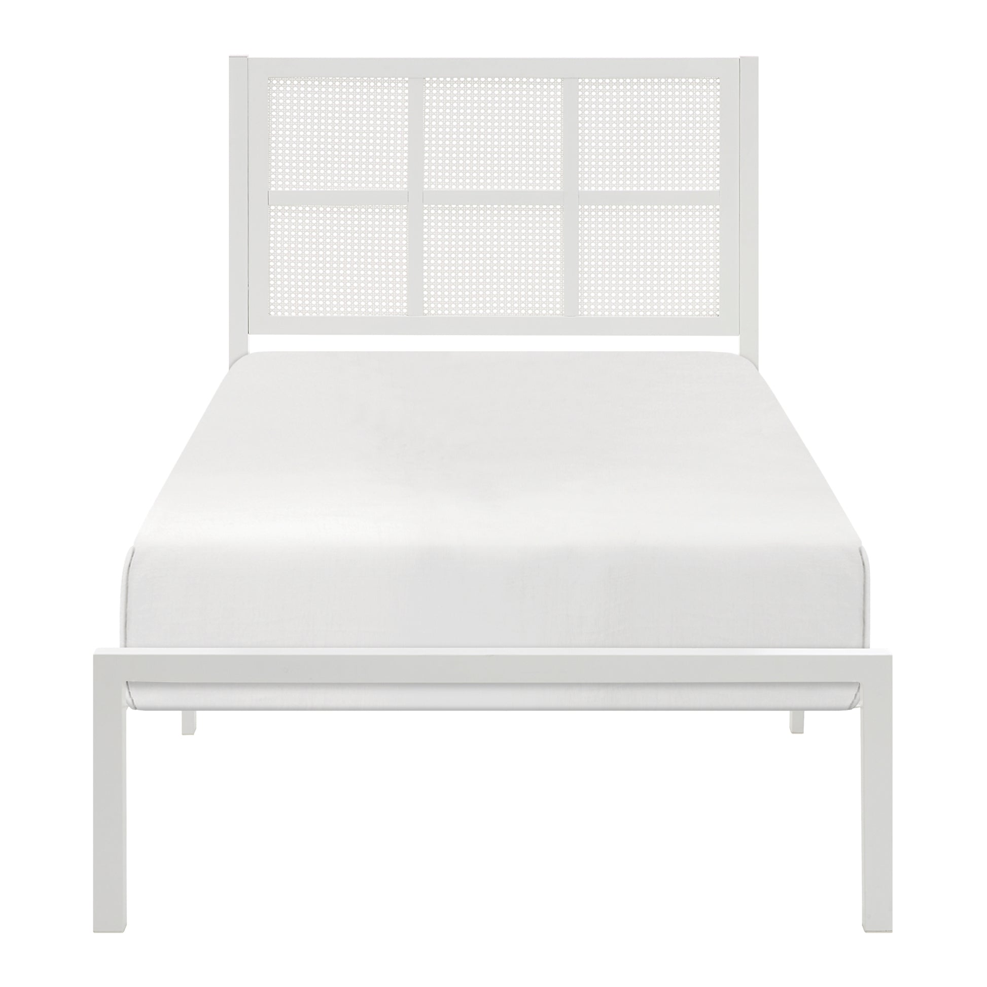 1Pc Twin Platform Bed, Metal Frame White Finish Faux Cane Panel Headboard Casual Coastal Bedroom Furniture, Bed In A Box Box Spring Not Required Twin White Metal Bedroom Casual,Coastal Metal