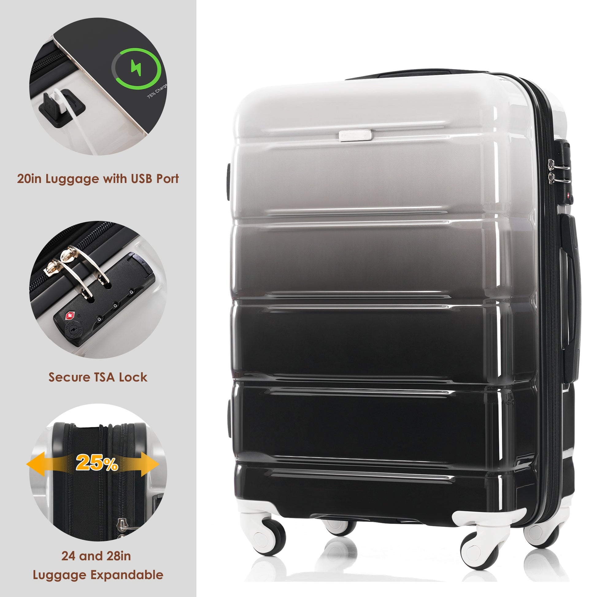 Luggage Set Of 3, 20 Inch With Usb Port, Airline Certified Carry On Luggage With Cup Holder, Abs Pc Hard Shell Luggage With Spinner Wheels, Black Black Gery Abs Pc