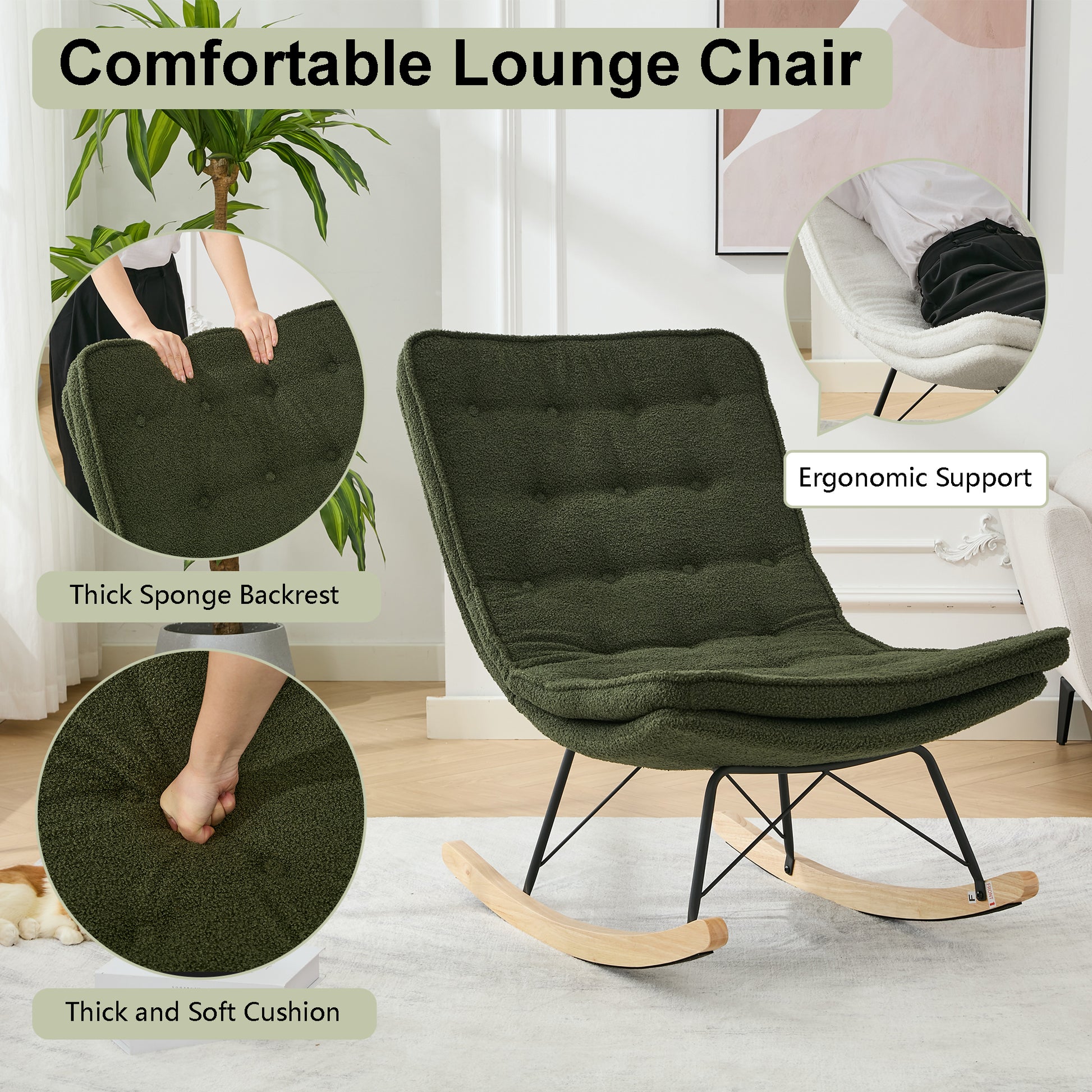 Lazy Rocking Chair,Comfortable Lounge Chair With Wide Backrest And Seat Wood Base, Upholstered Armless Rocker Chair For Living Room, Balcony,Bedroom And Patio Porch. Dark Green Cushion Iron Dark Green Primary Living Space Sponge Square Casual Rocking