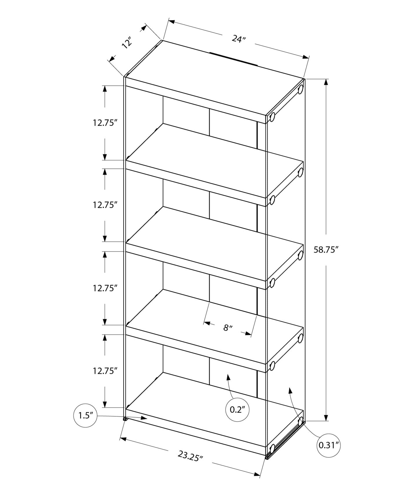 Bookshelf, Bookcase, Etagere, 5 Tier, 60"H, Office, Bedroom, Glossy White Laminate, Clear Tempered Glass, Contemporary, Modern White Mdf