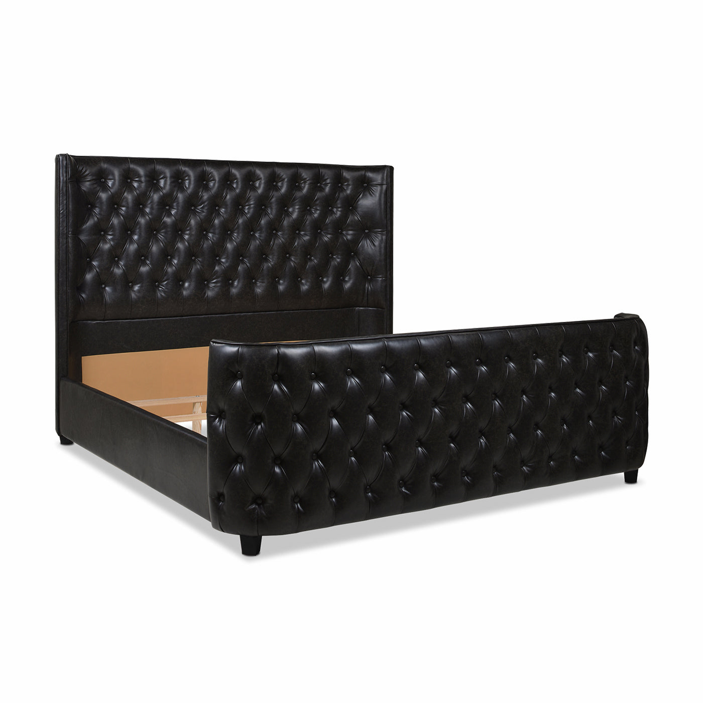 Brooklyn King Tufted Panel Bed Headboard And Footboard Set, Vintage Black Brown Faux Leather Box Spring Required King Black Vintage Wood Foam Faux Leather Faux Leather