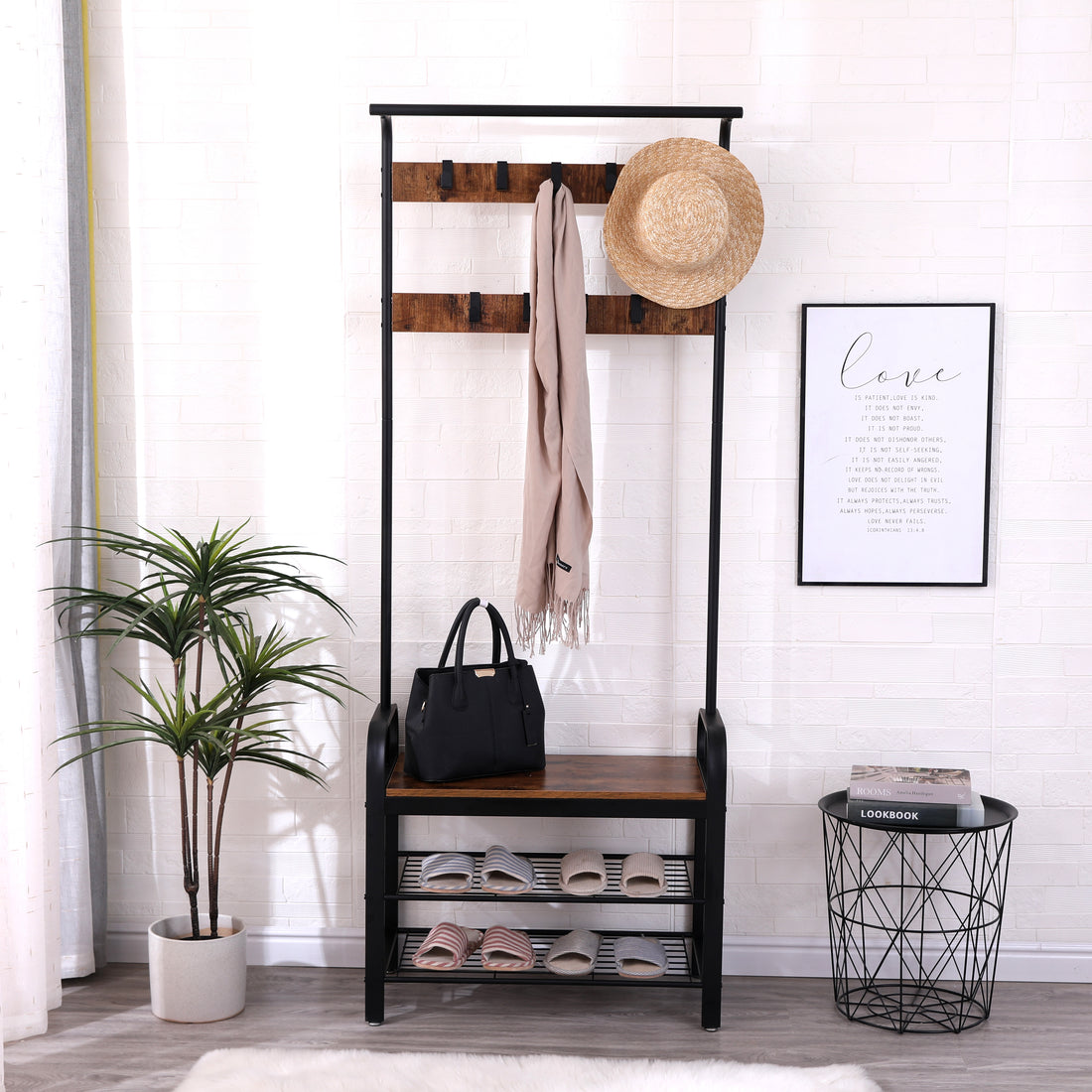 Coat Rack, Hall Tree With Shoe Bench For Entryway, Entryway Bench With Coat Rack, 4 In 1, With 9 Removable Hooks, A Hanging Rod, 15 X 28 X 71 Inches, Rustic Brown And Black Brown Mdf Metal