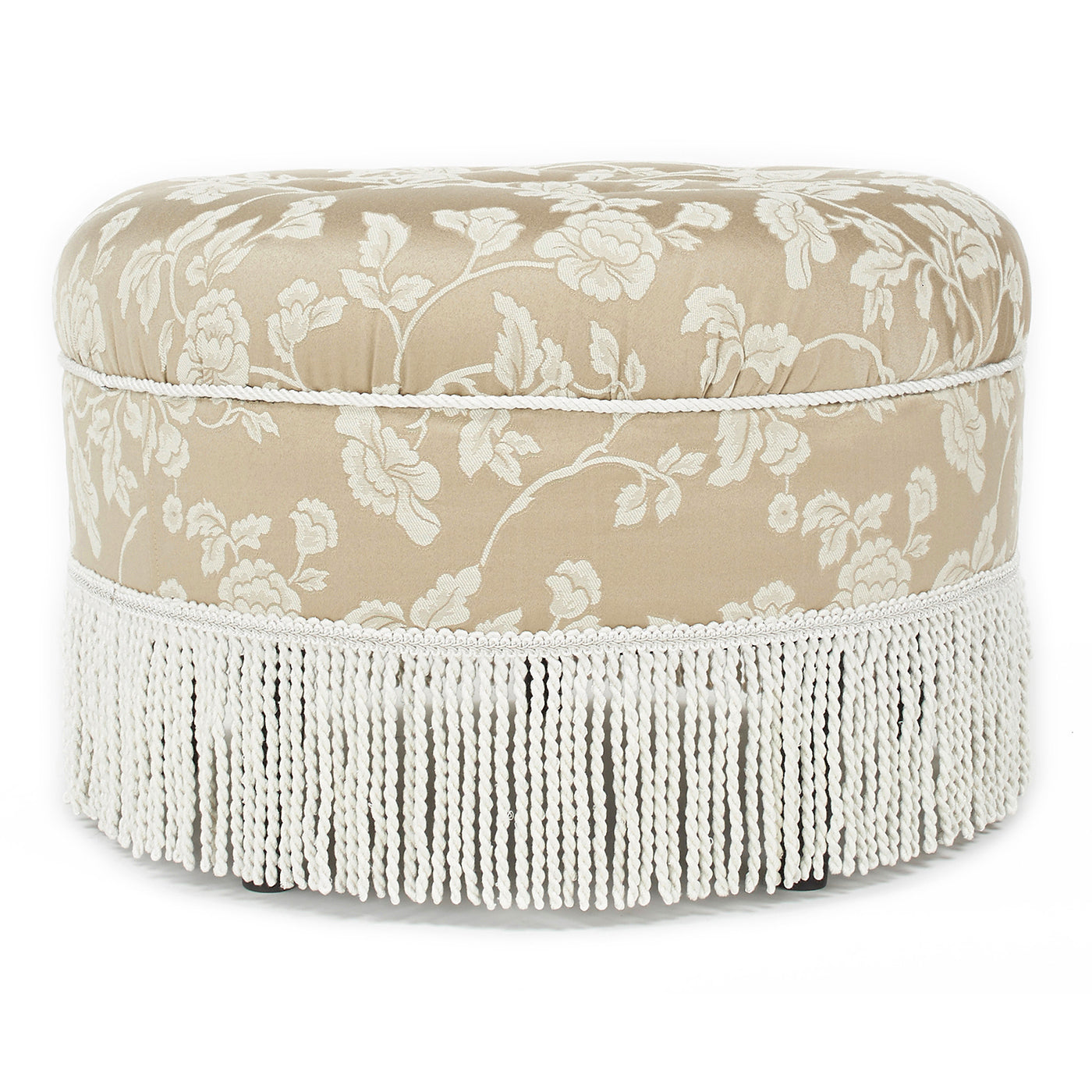 Yolanda 24" Round Upholstered Accent Ottoman, Champagne Beige Floral Jacquard With Ivory Trim Beige Foam Fabric