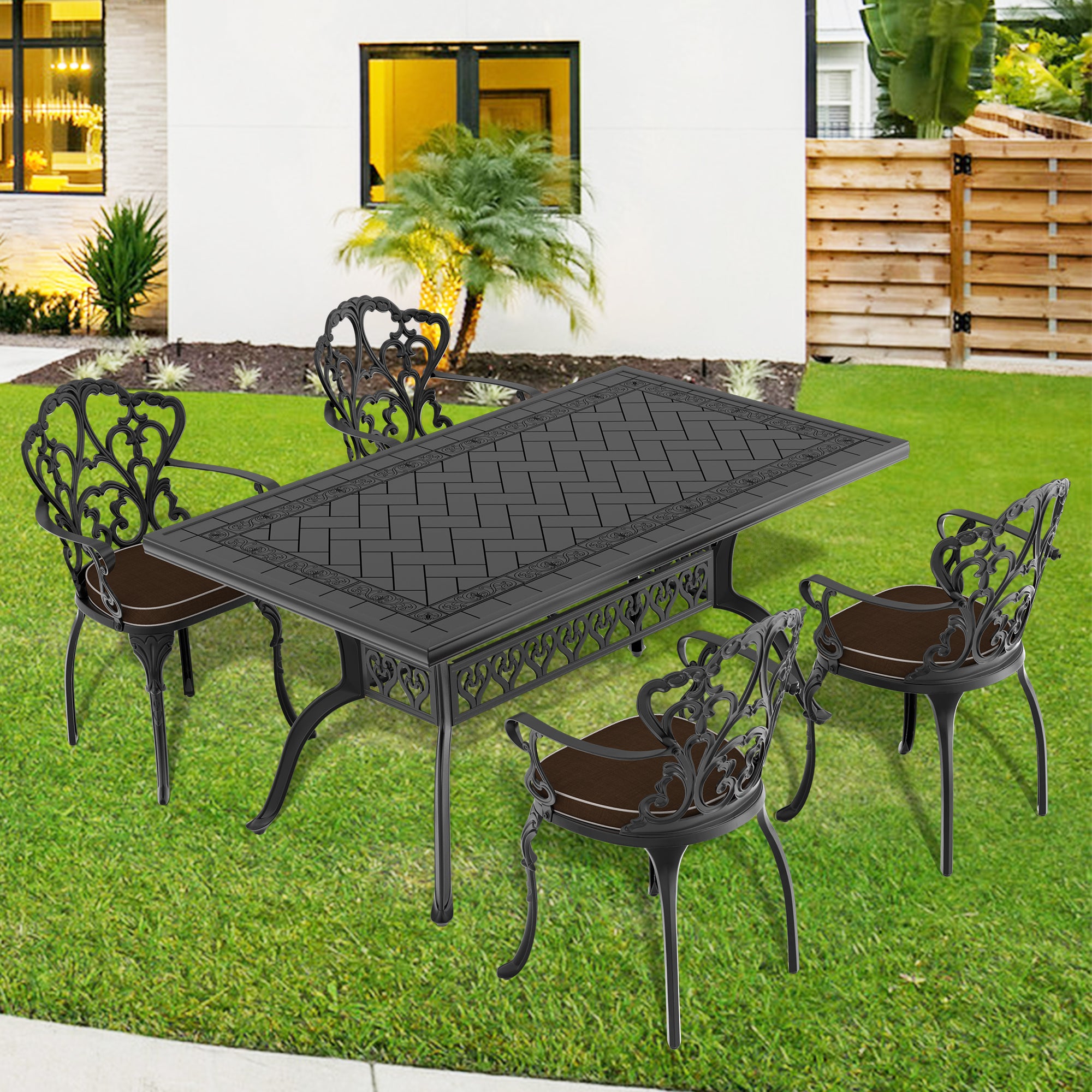 Cushions In Random Colors 5 Piece Set Of Cast Aluminum Patio Furniture With Cushions Yes Dining Set Black Seats 4 Rust Resistant Frame Water Resistant Cushion Garden & Outdoor Complete Patio Sets Aluminium