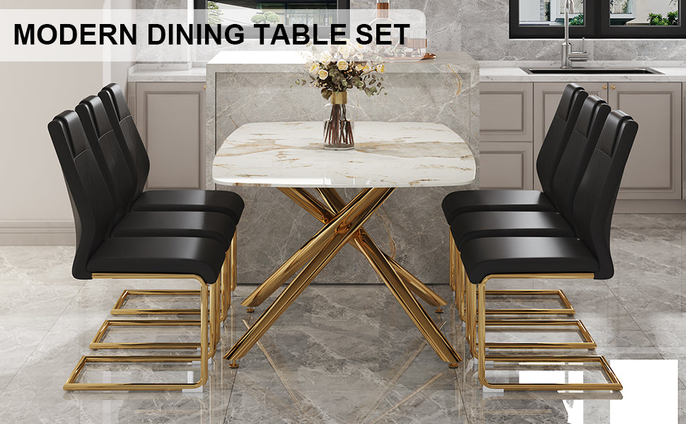 Table And Chair Set.Modern Luxurious Tempered Glass Dining Table Set With 6 Gold Metal Legs And Pu Chairs.White Marble Patterned Sticker Tabletop,Black Chairs With Gold Metal Legs. Black Gold Seats