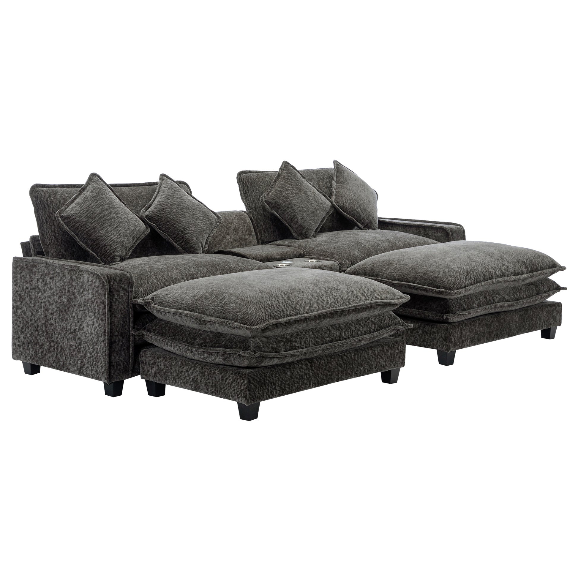 112.6" Sectional Sofa Chenille Upholstered Sofa With Two Removable Ottoman, Two Usb Ports, Two Cup Holders And Large Storage Box For Living Room, Black Black Foam Chenille 2 Seat