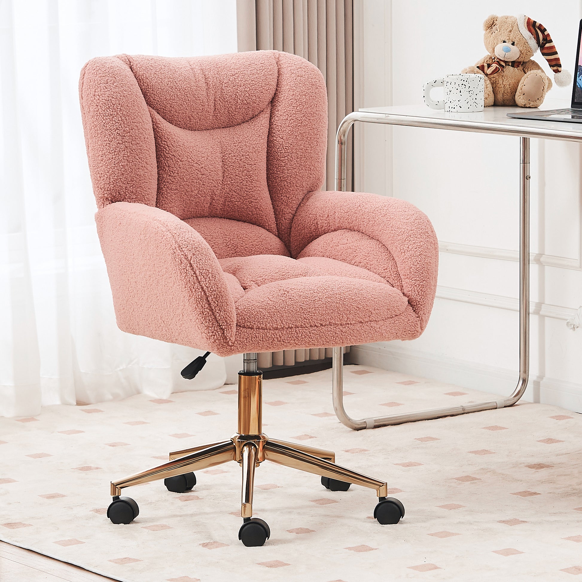 005 Teddy Fabric 360 Swivel Home Office Chair With Gold Metal Base And Universal Wheels,Pink Solid Pink Office Sponge Wipe Clean Modern Office Chairs Tufted Back Foam Swivel Teddy