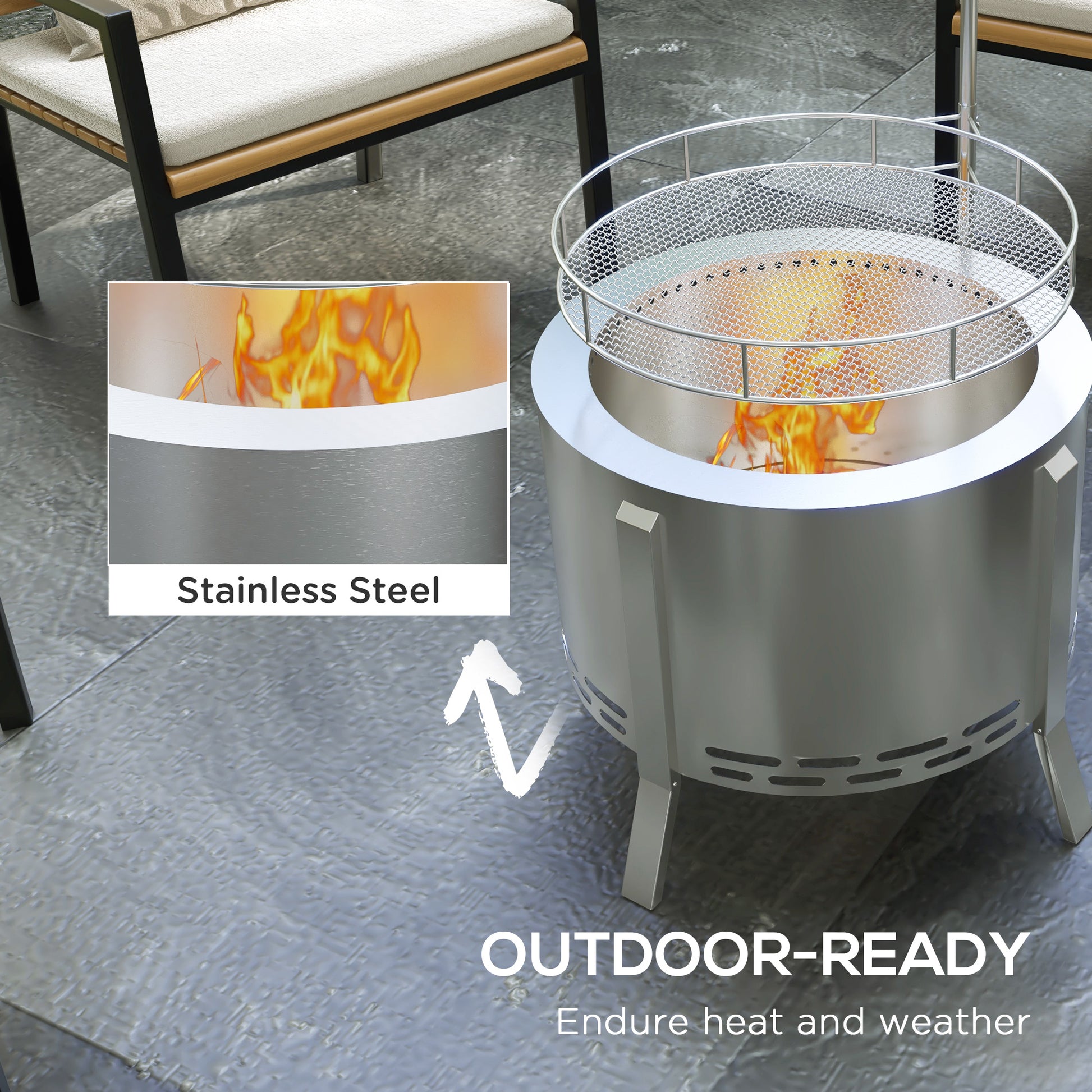 Outsunny 2 In 1 Smokeless Fire Pit, Bbq Grill, 19" Portable Wood Burning Firepit With Cooking Grate And Poker, Low Smoke Camping Bonfire Stove For Backyard Patio Picnic, Stainless Steel, Silver Silver Stainless Steel
