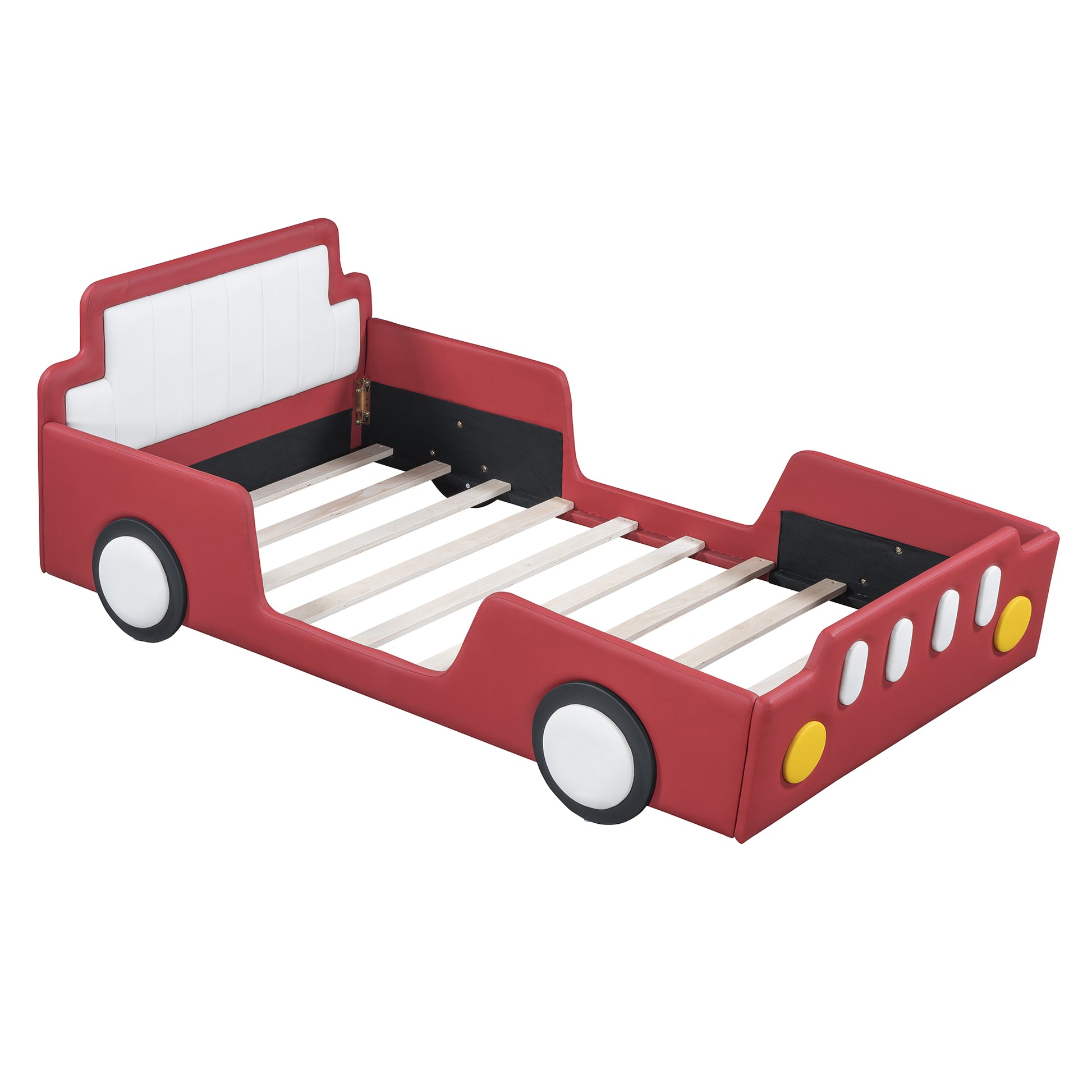 Twin Size Race Car Shaped Platform Bed With Wheels,Red Twin Red Pu Leather