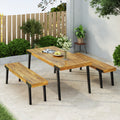 1 Dining Table 2 Dining Benches Light Teak Wood