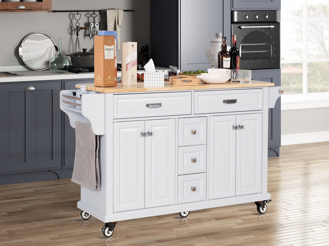 Kitchen Island With Rubber Wood Countertop, Kitchen Cart On 5 Wheels With Storage Cabinet And 5 Drawers For Dinning Room, White White Dining Room Rectangular Rubberwood Solid Wood Mdf Large 56 In