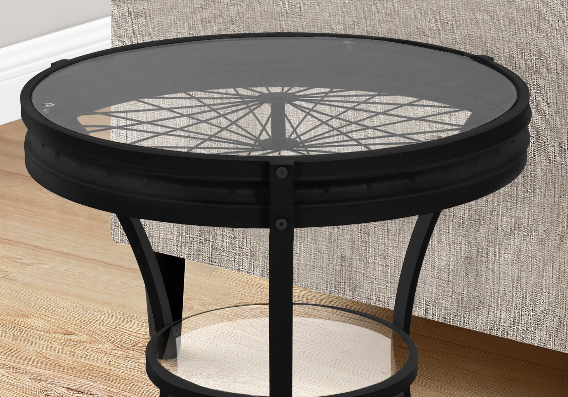 Accent Table, Side, End, Nightstand, Lamp, Round, Living Room, Bedroom, Clear Tempered Glass, Black Metal, Transitional Black Tempered Glass