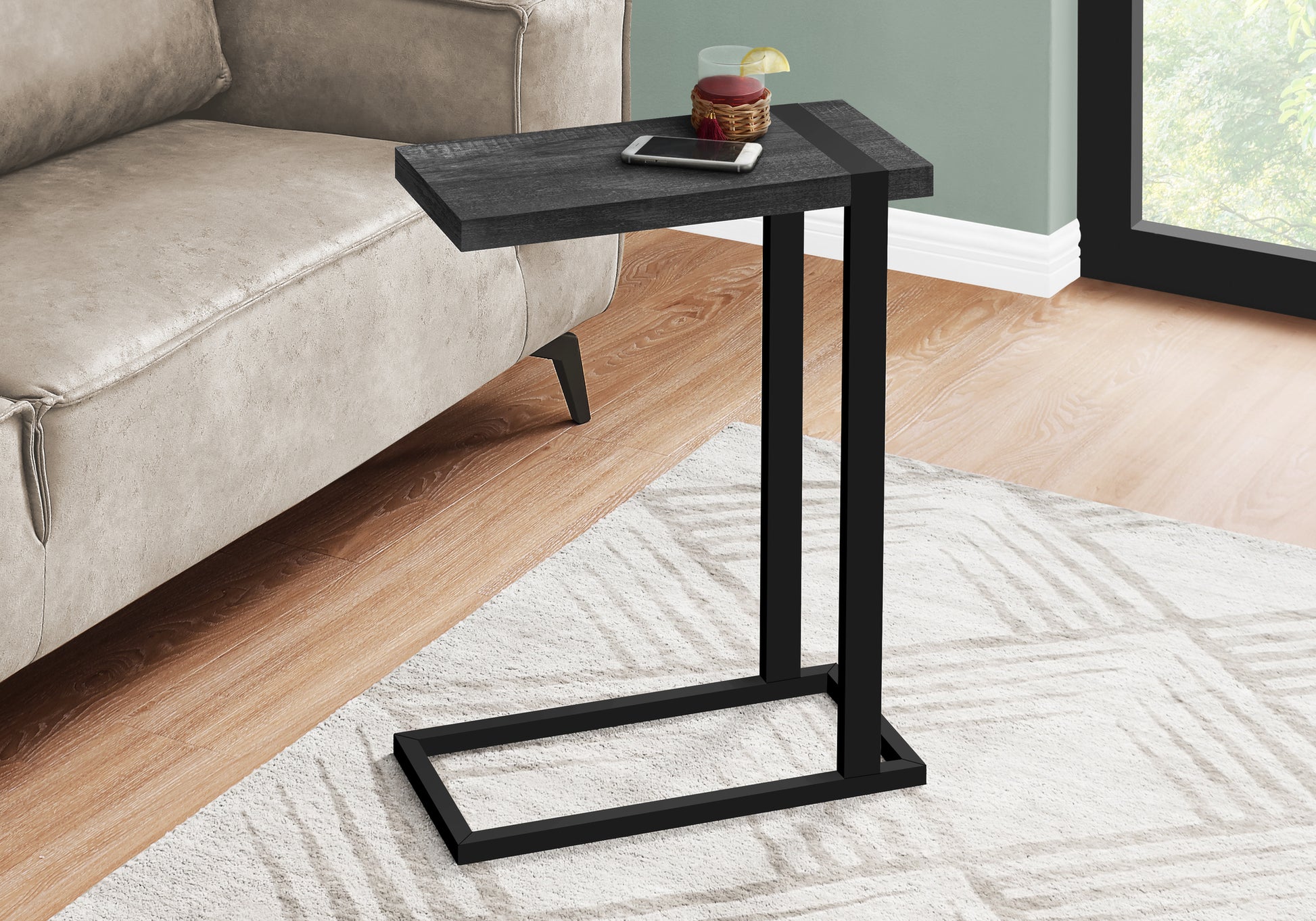 Accent Table, C Shaped, End, Side, Snack, Living Room, Bedroom, Black Laminate, Black Metal, Contemporary, Modern Black Mdf