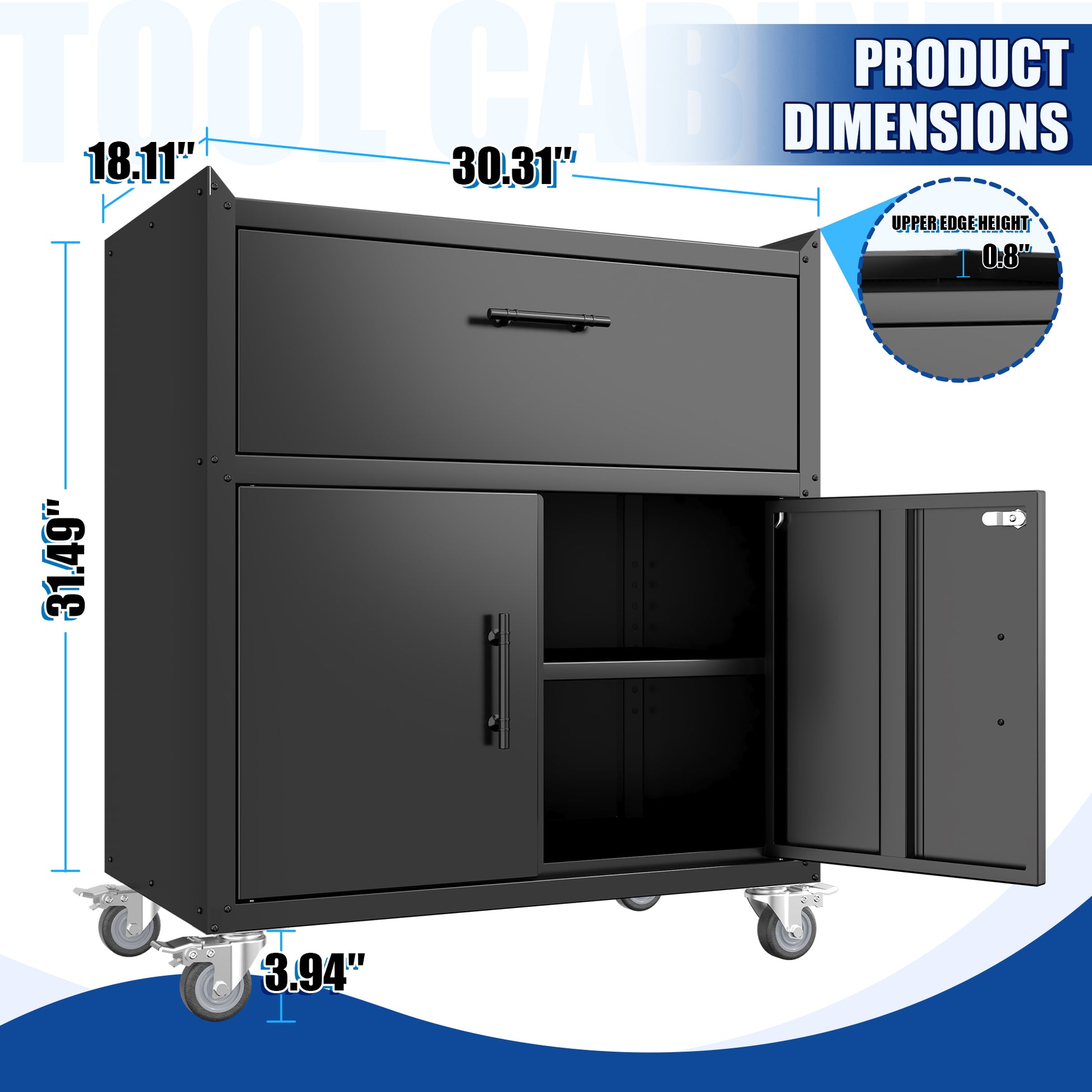 2 Door 1 Drawer Tool Cabinets For Garage, Lockable Garage Storage Cabinet, Locking Metal Storage Cabinet With Wheels, Rolling Tool Chest, Assembly Required H35.4*W30.3*D18 Black American