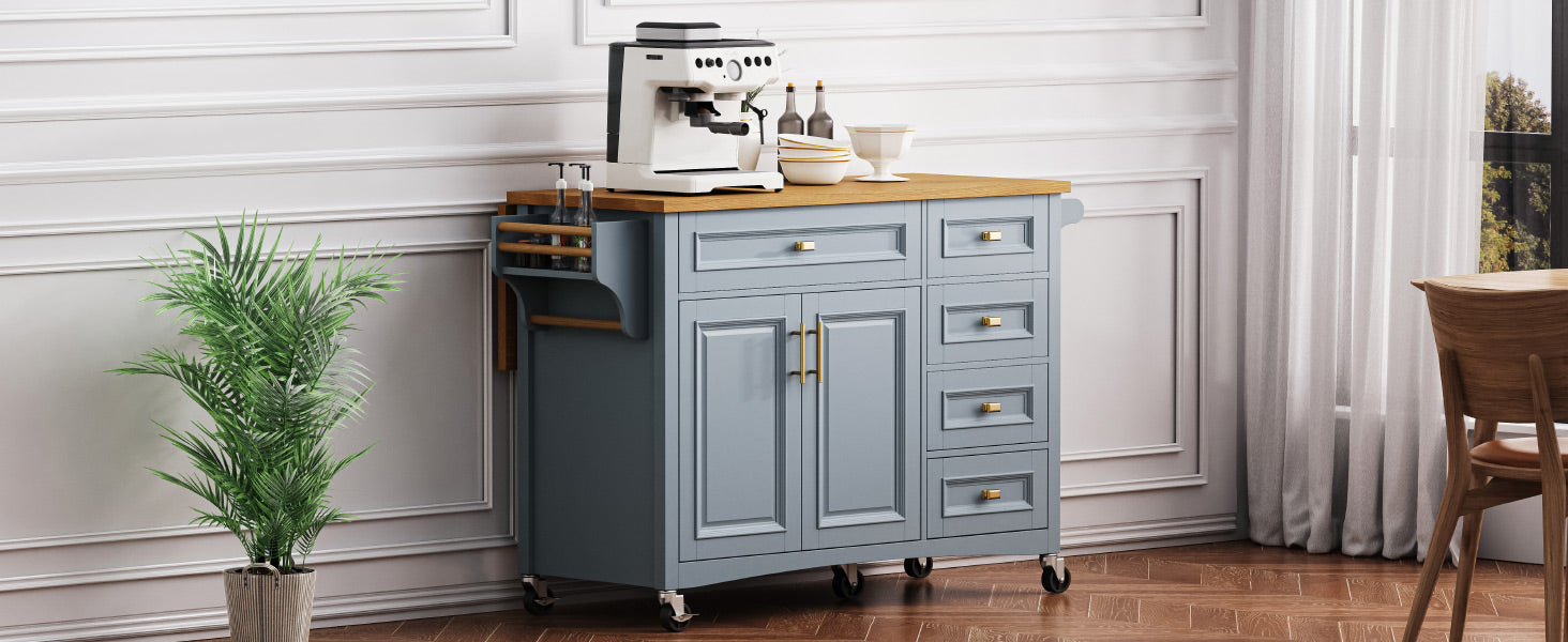 K&K 52'' Kitchen Island With Drop Leaf, Embossed Texture Kitchen Island On Wheels With Spice Rack, Towel Rack, 2 Doors And 5 Drawers, Kitchen Storage Cart With Adjustable Shelf For Kitchen, Blue