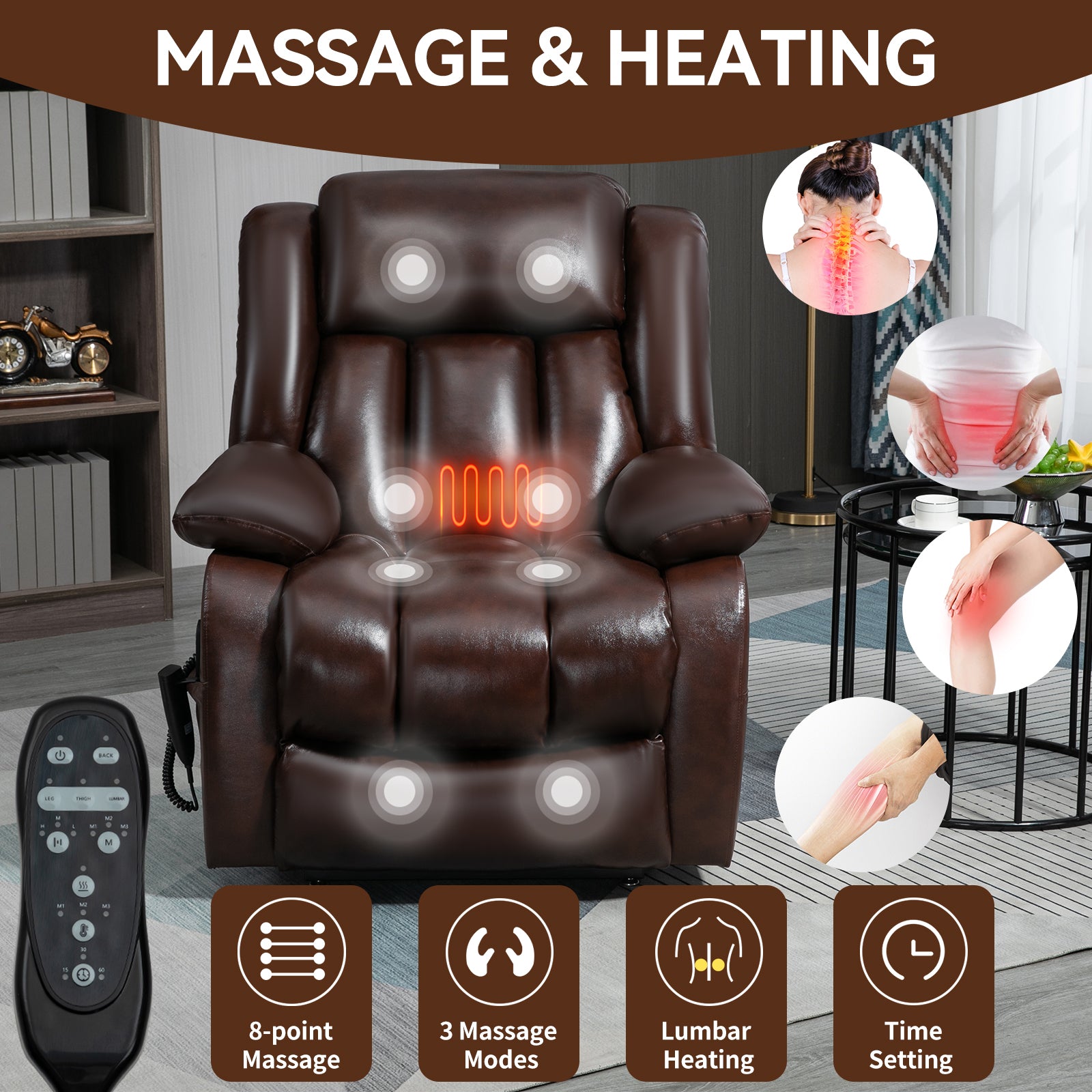 Dual Motor Infinite Position Up To 350 Lbs Electric Medium Size Genuine Leather Brown Power Lift Recliner Chair With 8 Point Vibration Massage And Lumbar Heating White Metal Primary Living Space Heavy Duty Pine Antique Brown Genuine Leather Power Remote