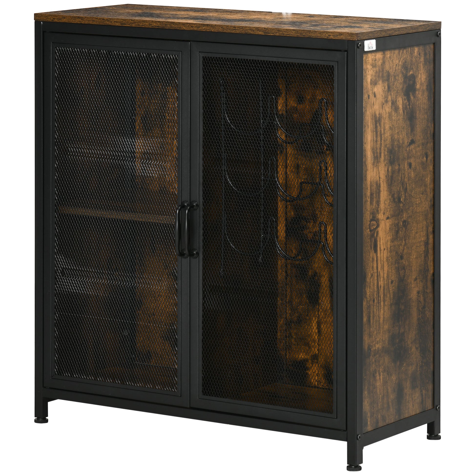 Homcom Industrial Wine Cabinet With 9 Bottle Wine Rack, Retro Liquor Cabinet With Glass Holders, Mesh Doors, And Storage Shelf For Home Bar, Dining Room, Rustic Brown Rustic Brown Particle Board