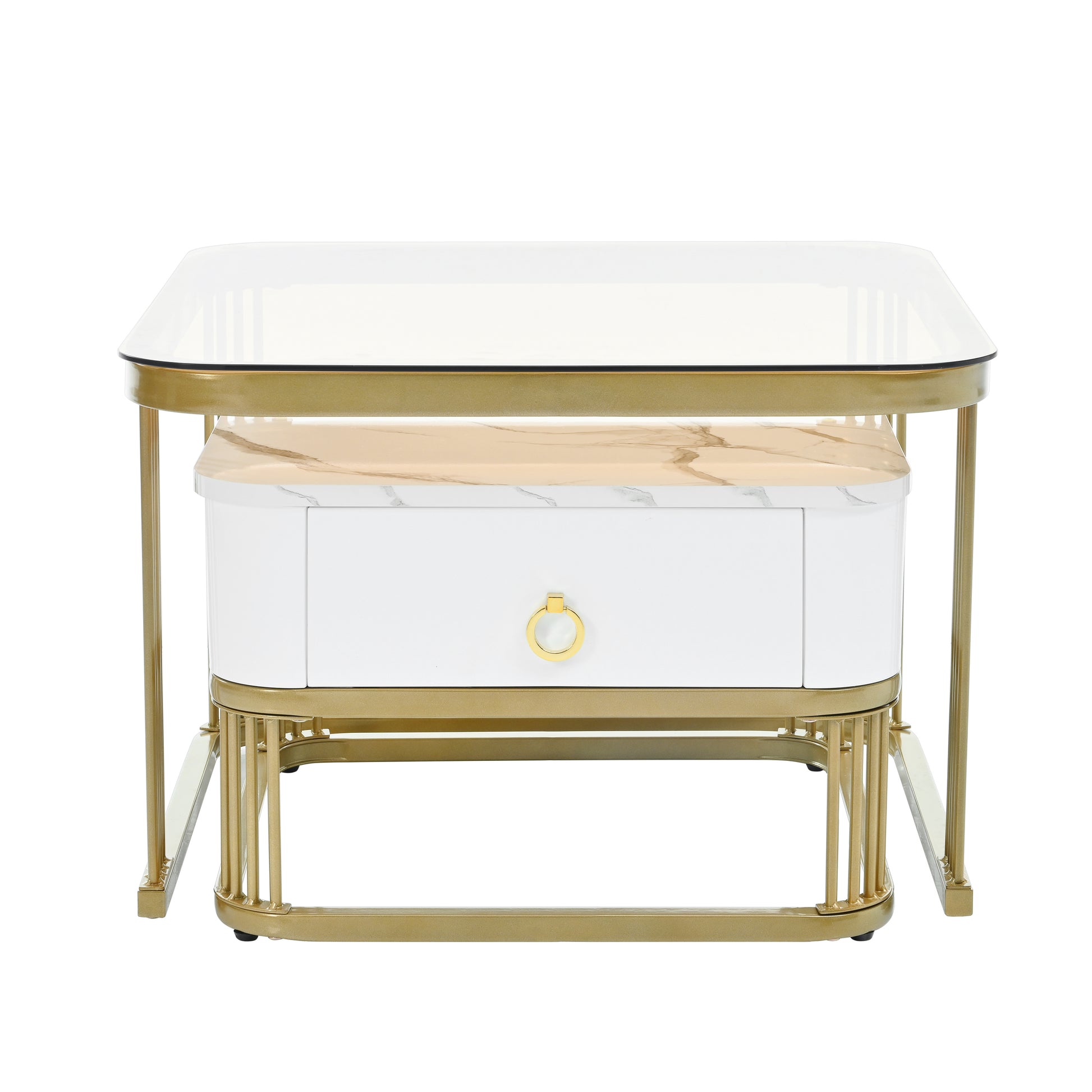 Nesting Coffee Table With Drawer, Set Of 2, Exquisite Square Stacking Coffee Tables With Brown Tempered Glass, Side Table With High Gloss Marble Grain Tabletop For Living Room, White White Gold Primary Living Space Drawers Square Mdf Steel