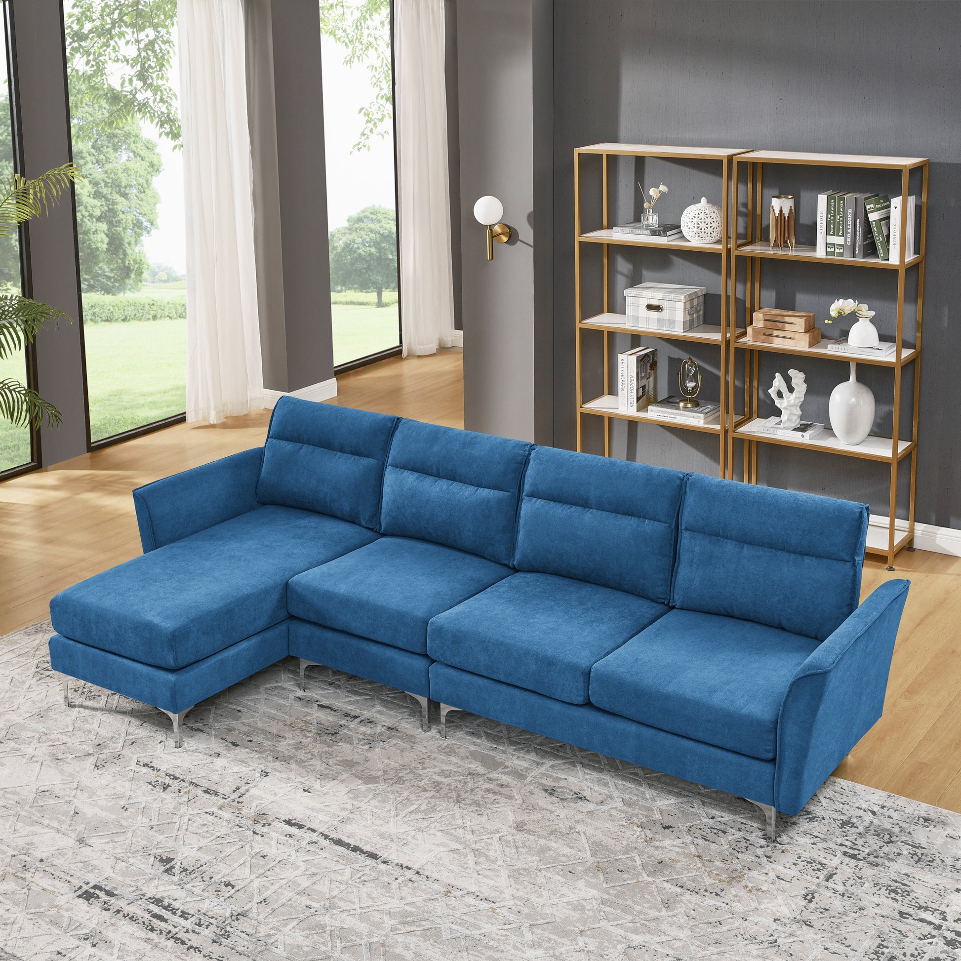 Modern Sofa 5 Seat Couch With Stainless Steel Trim And Metal Legs For Living Room,Navy Blue Navy Blue Foam 5 Seat