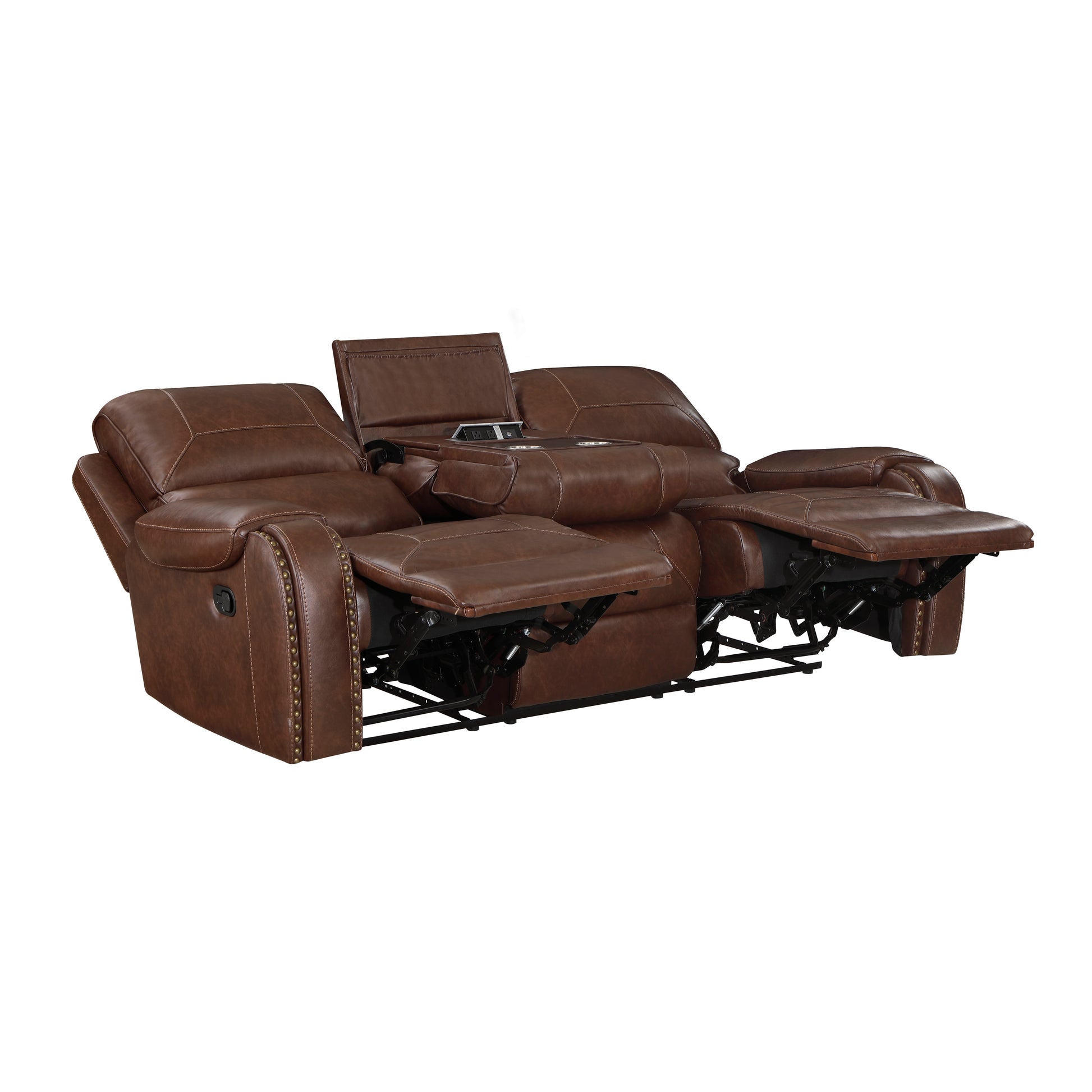 Double Reclining Brown Sofa With Center Drop Down Cup Holders, Receptacles And Usb Ports,Faux Leather Upholstered Traditional Trim 1Pc Modern Living Room Furniture Brown Faux Leather Wood Primary Living Space Modern Plywood,Solid Wood 3 Seat