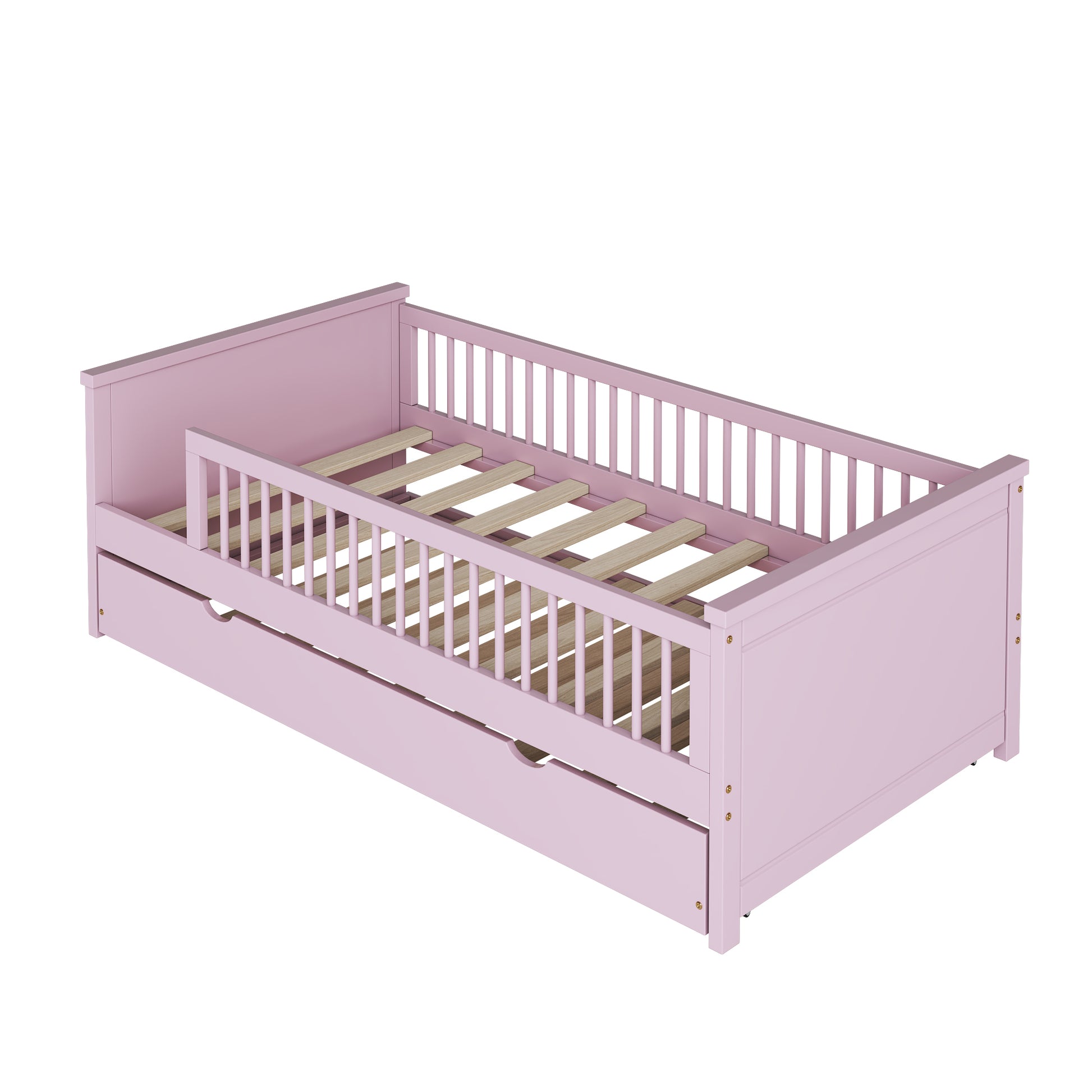 Wood Twin Size Platform Bed With Guardrail And Trundle, Pink Box Spring Not Required Twin Pink Wood Bed Frame Solid Wood Mdf