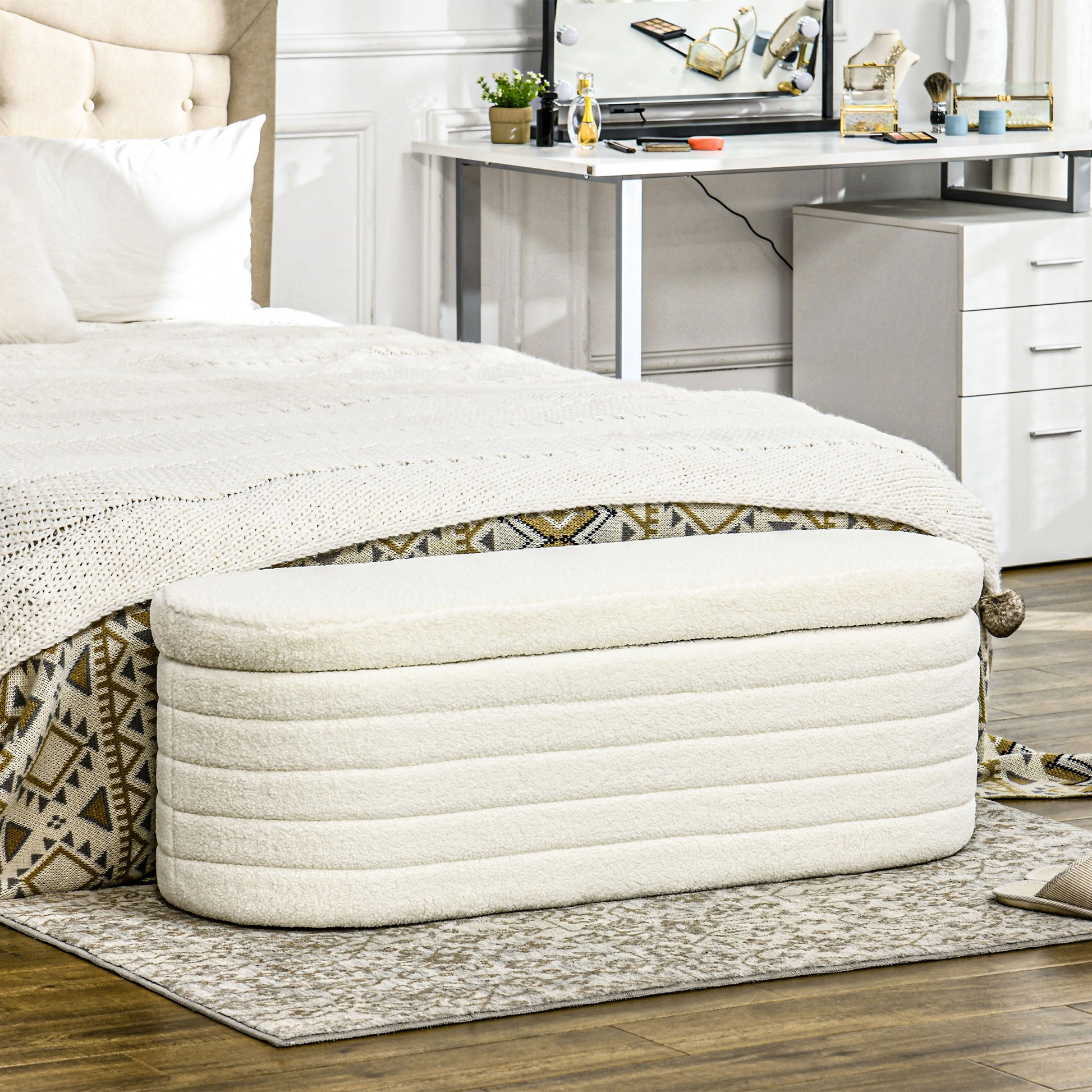 Homcom 46" Storage Ottoman Bench, Teddy Fleece Upholstered Boucle Storage Bench With Wood Frame, Bedroom Bench For Living Room, Entryway, Bedroom, Cream White Cream White Polyester