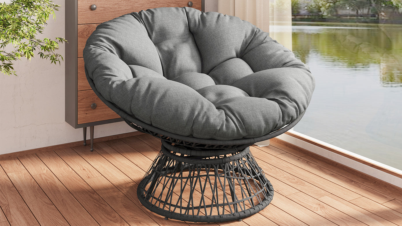 41.5" Ergonomic Wicker Chair With Cloud Thick Density Fabric Cushion,3 Proof Cover,High Capacity Iron Frame,Fluid 360 Degree Swivel For Reading,Living Room, Bedroom,Lounge,Gray Base,2 Colors Gray