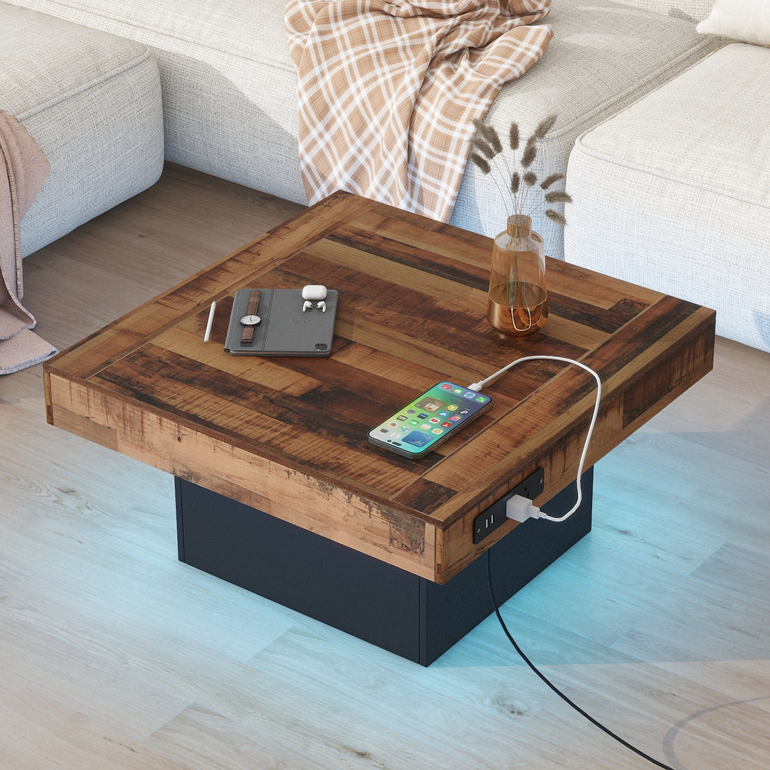 31.4'' X 31.4'' Farmhouse Coffee Table With 2 Usb Ports And Outlets, Brown Spliced Wood Grain Center Table With Led Light, Rustic Cocktail Table With Charging Station For Living Room, Black Black Primary Living Space Square Particle Board