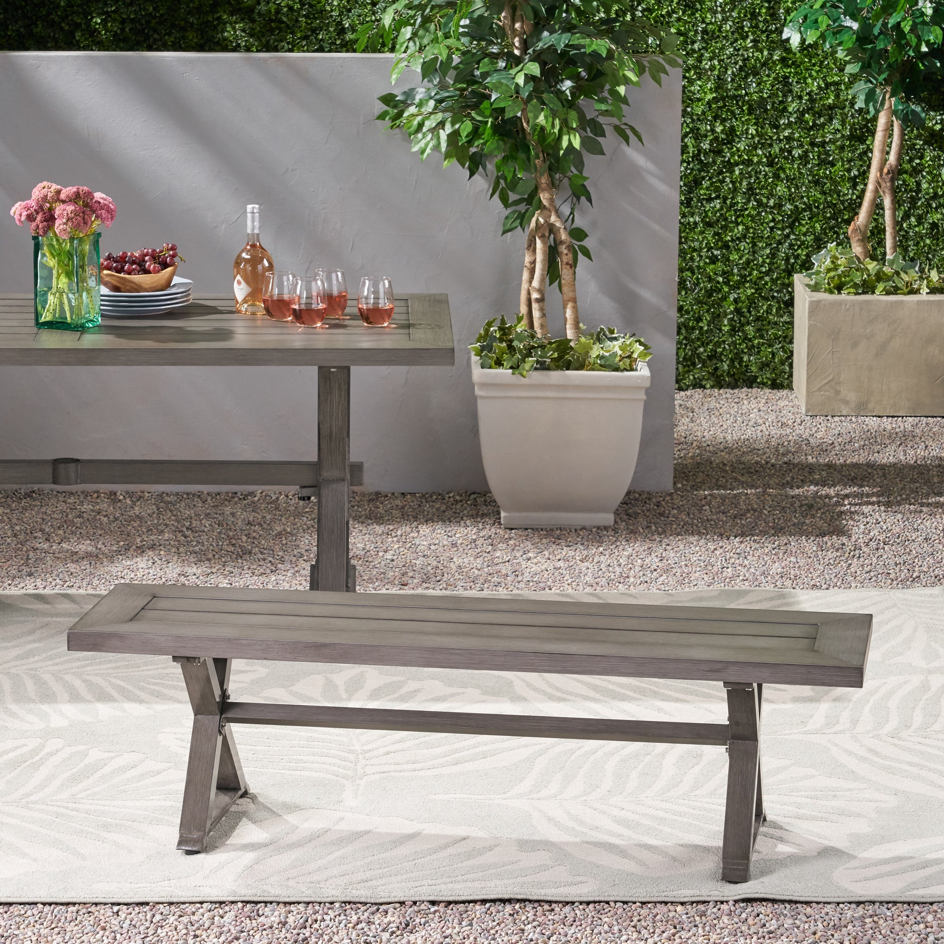 Modern Outdoor Aluminum Dining Bench, Dark Gray Dark Gray Aluminium