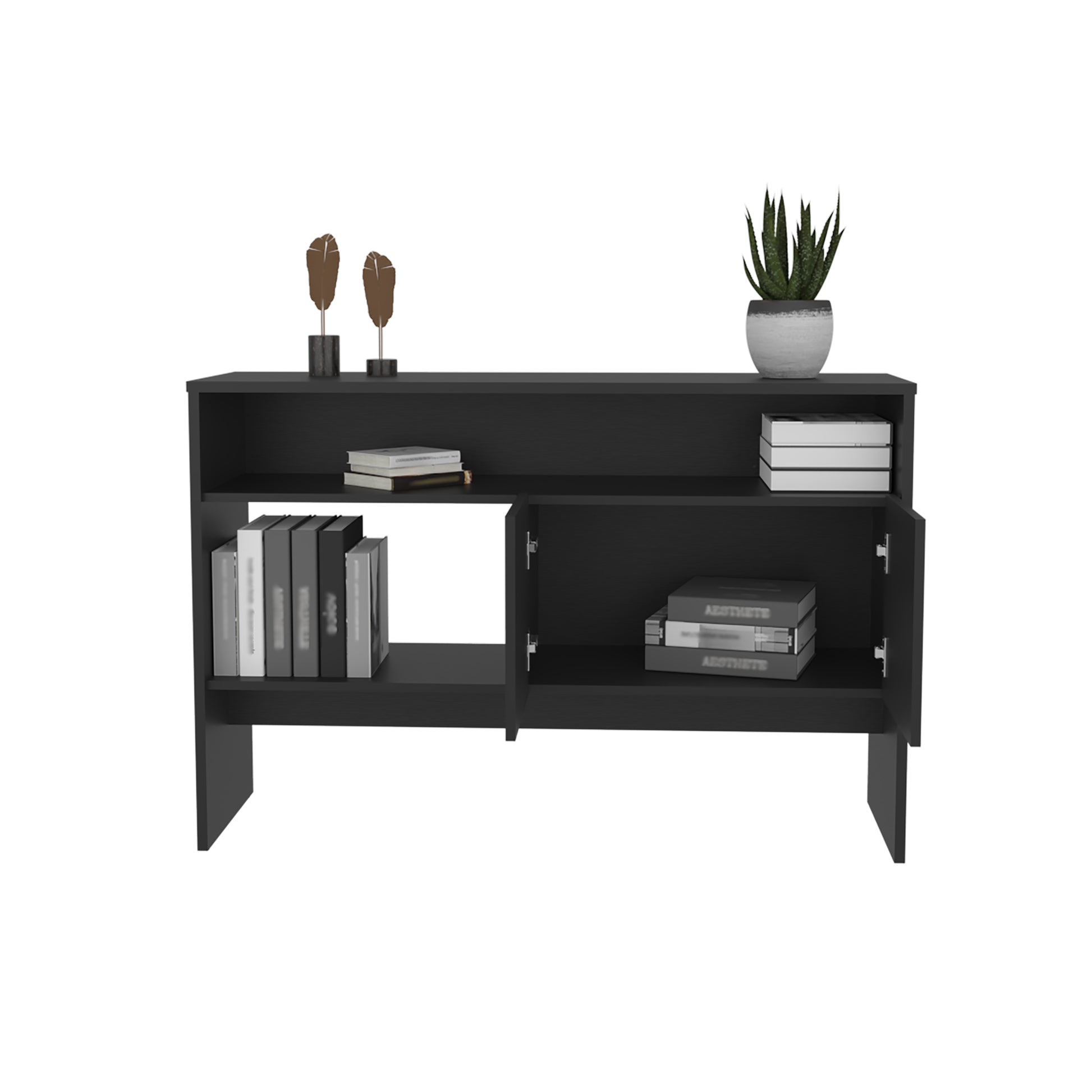 Bellagio 48.7" Wide 2 Tier Narrow Bellagio Console Table With Double Door Cabinet Black Primary Living Space Modern Particle Board