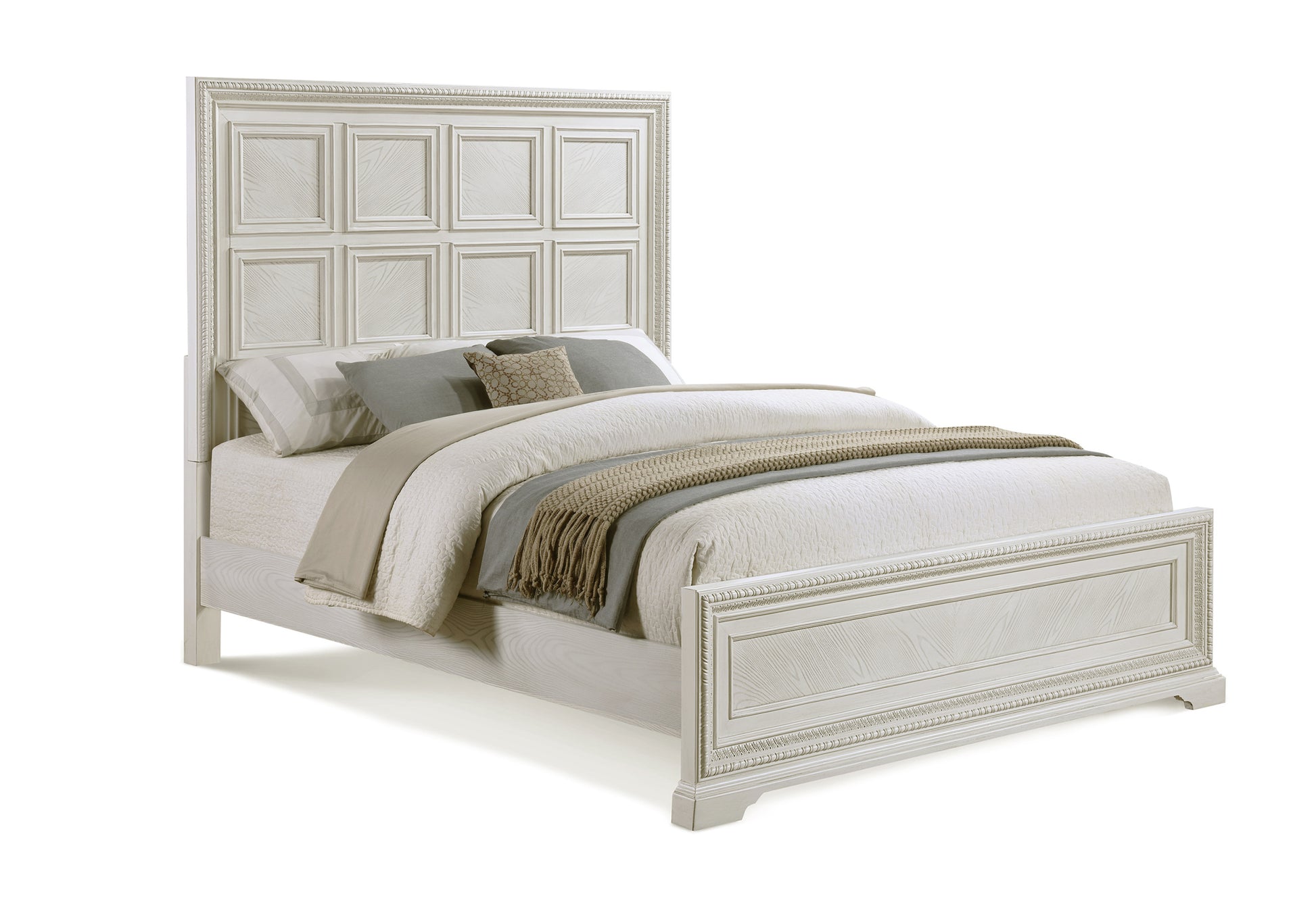 Transitional 1Pc Queen Panel Bed Modern Aesthetics White Cream Solid Wood Wooden Bedroom Furniture Box Spring Required Queen Cream White Wood Transitional Panel Wood Fabric