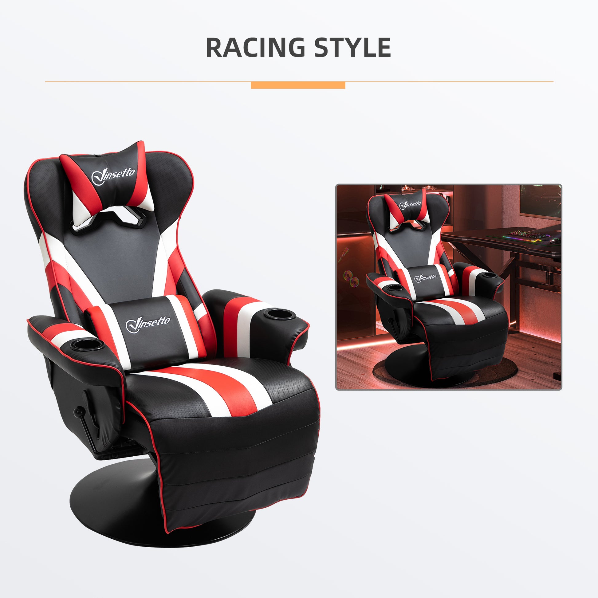 Vinsetto Gaming Chair, Racing Style Computer Recliner With Lumbar Support, Footrest And Cup Holder, Black White Red Black Red Steel