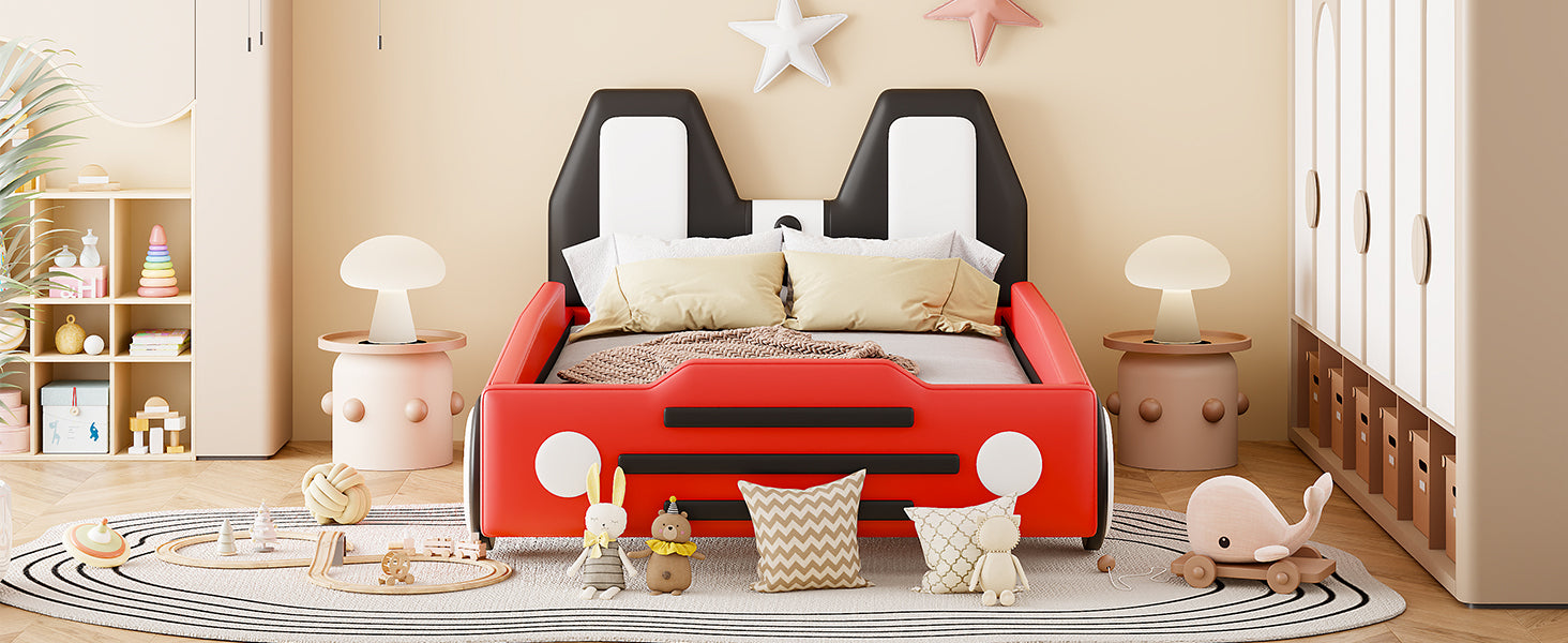 Twin Size Race Car Shaped Platform Bed With Wheels,Red Red Pu Leather