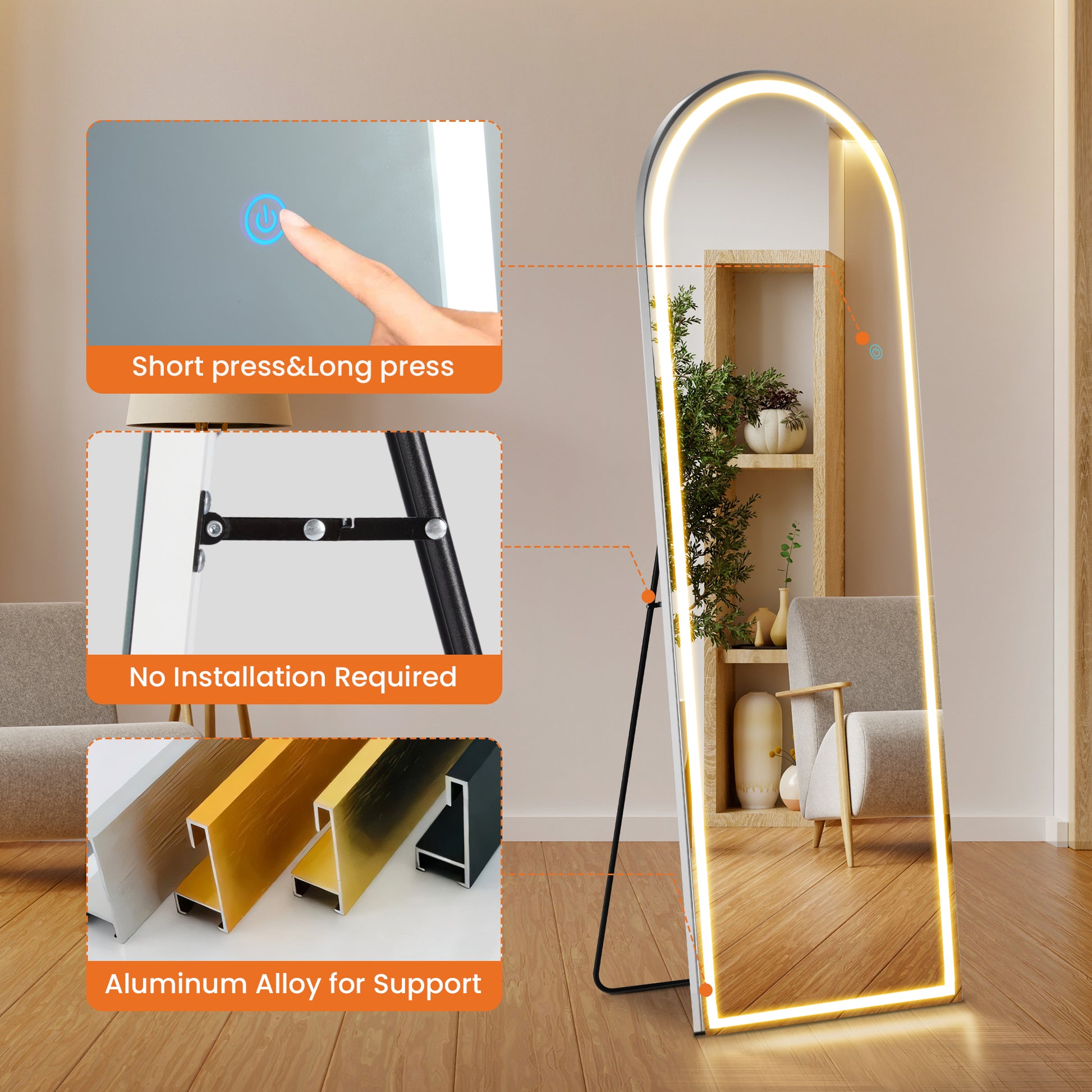 3 Color Lighting Mirror With Led Lights, 63"X20" Lighted Floor Standing Mirror With Stand Black Fiberglass
