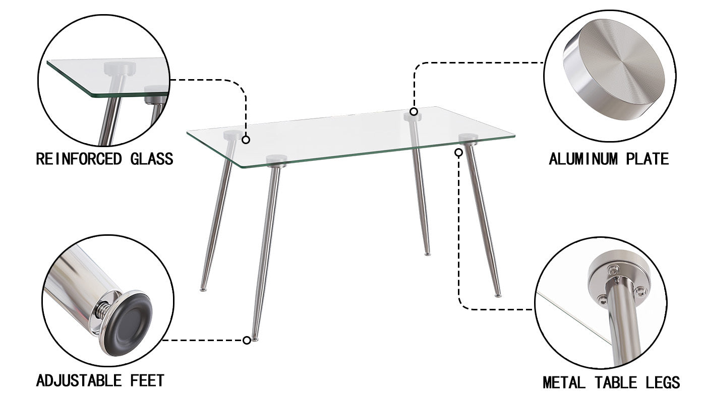 Glass Dining Table, Modern Rectangular Table With Tempered Glass Tabletop & Sliver Metal Legs, Simplistic Kitchen Table, 51 X 27.5 X 29.5 Inch, Versatile Table For Home Office Transparent Glass