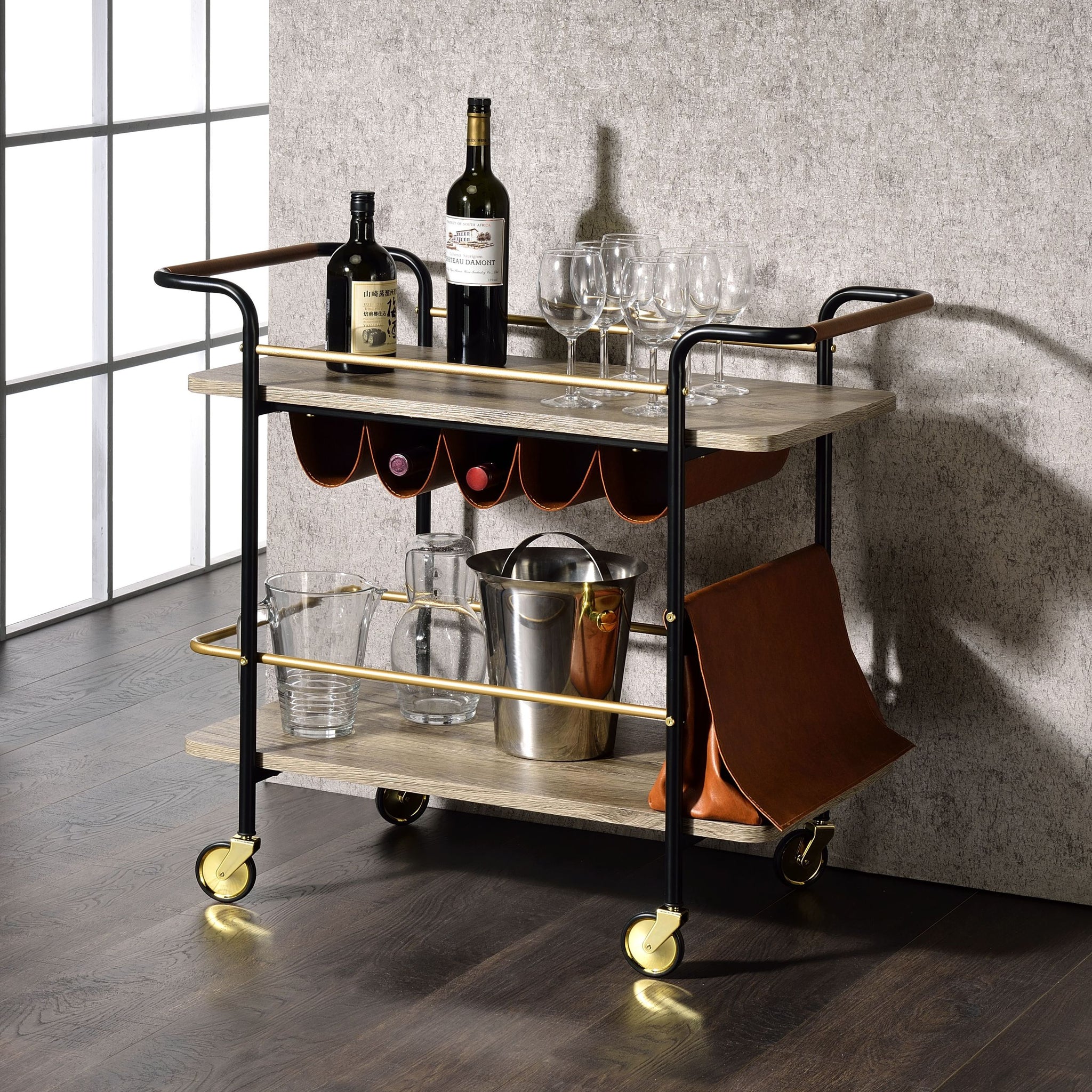 Natural, Gold And Black Serving Cart With Wine Storage Natural Black Dining Room Kitchen Carts Wood Metal